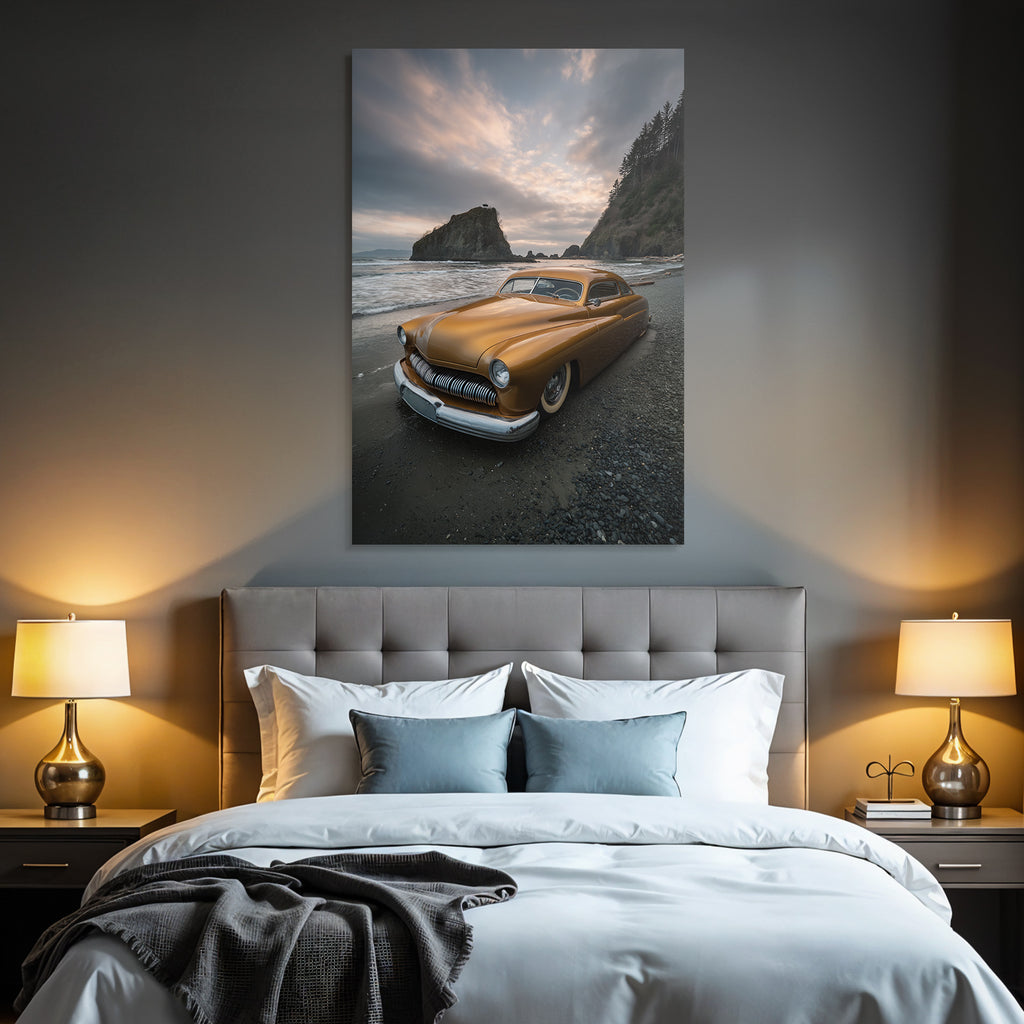 Wälder Und Wiesen Vintage Auto Am Strand Mit Felsen Und Bewölkt Am Himmel