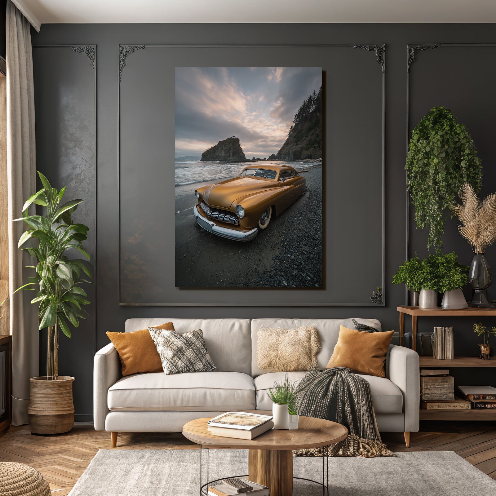 Forests and meadows vintage car on the beach with rocks and cloudy sky