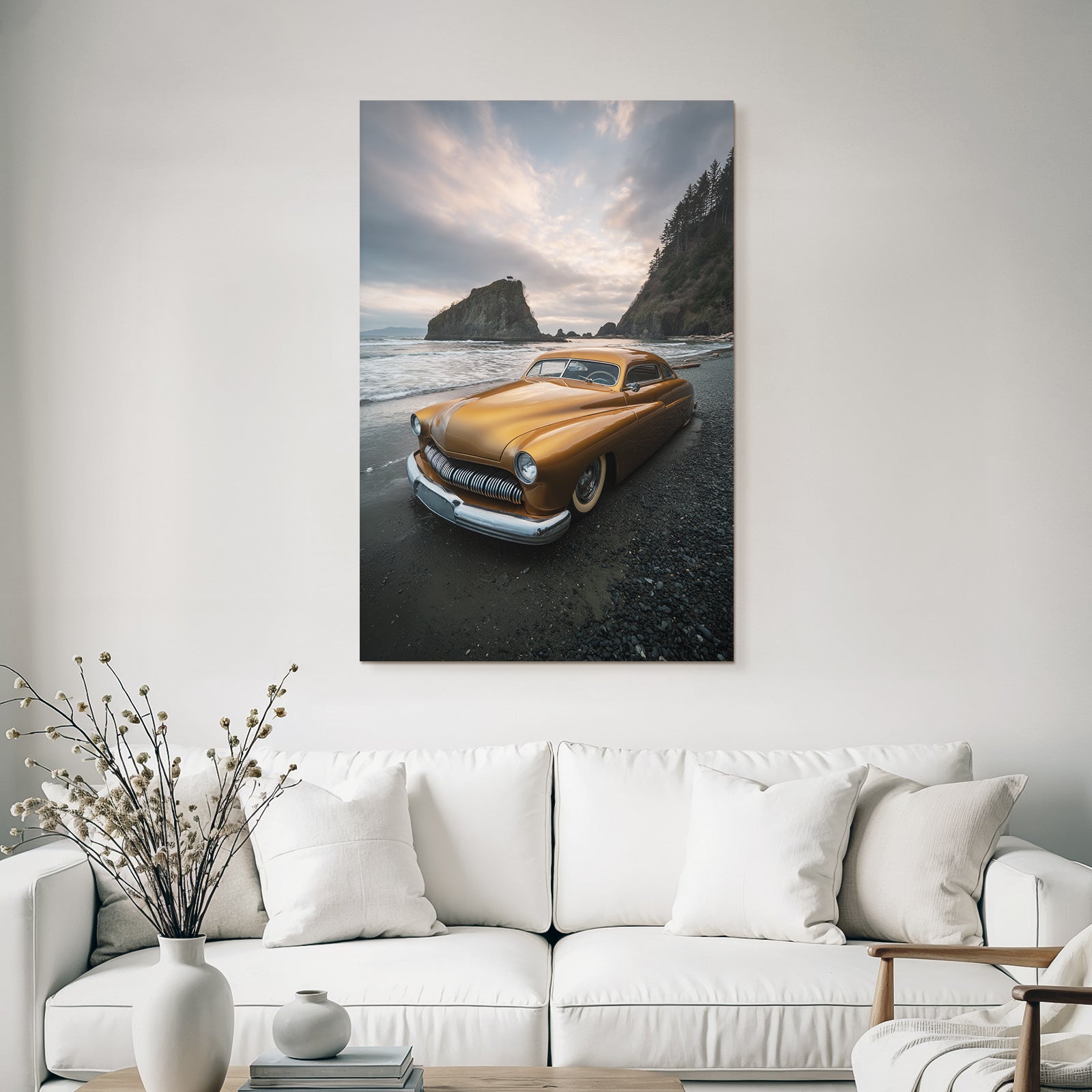 Forests and meadows vintage car on the beach with rocks and cloudy sky