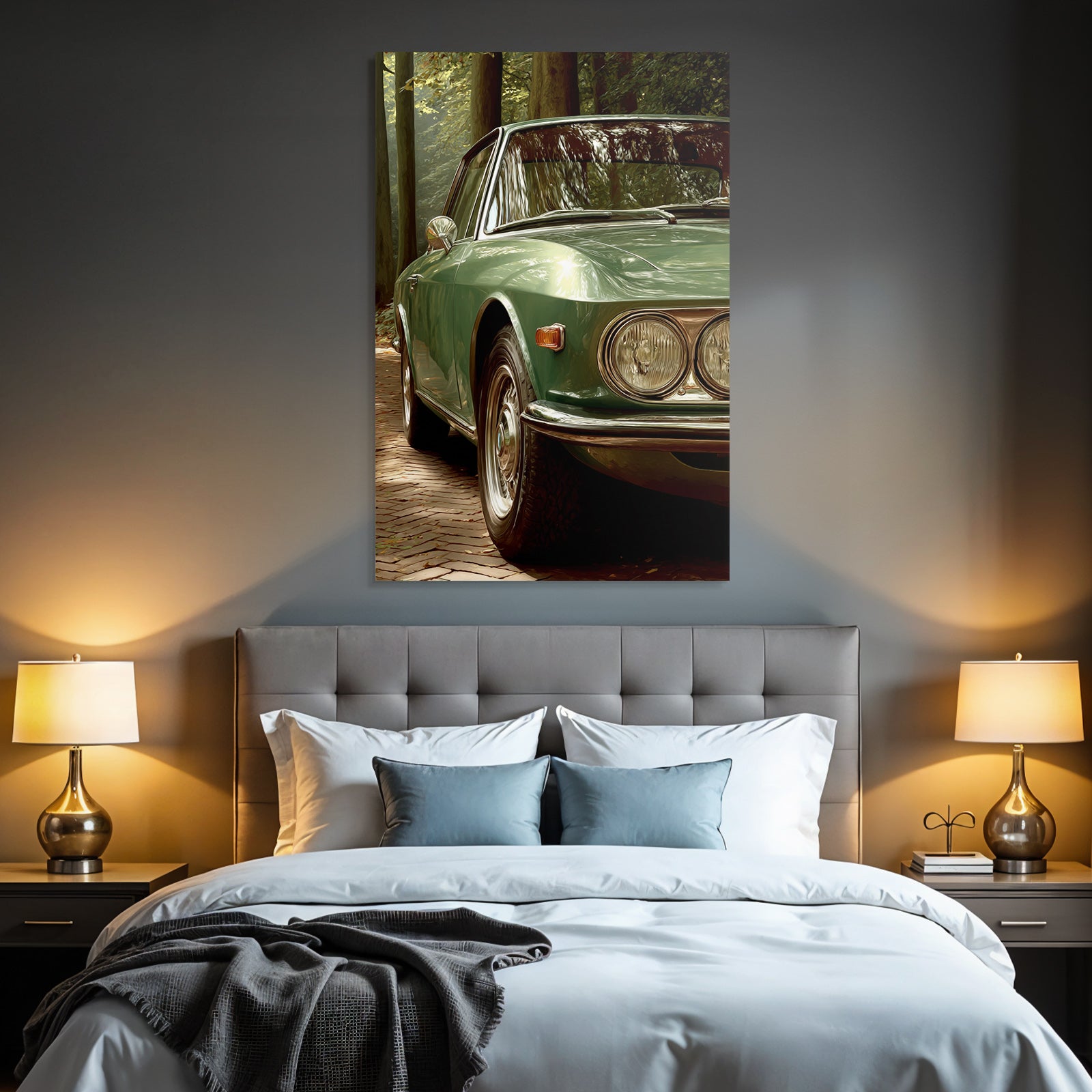 Forests and Meadows Vintage Car Green Cobblestone Path Surroundings