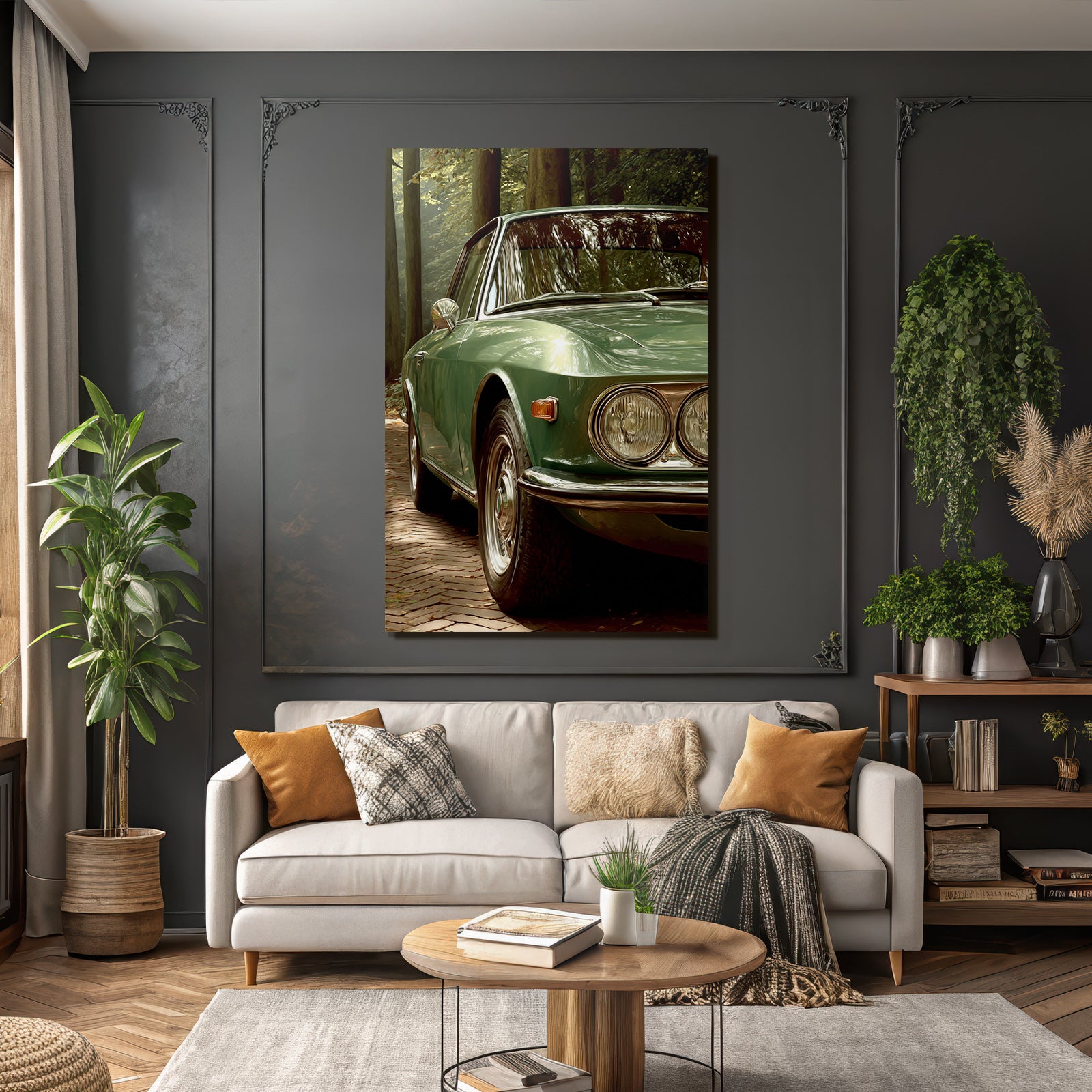 Forests and Meadows Vintage Car Green Cobblestone Path Surroundings