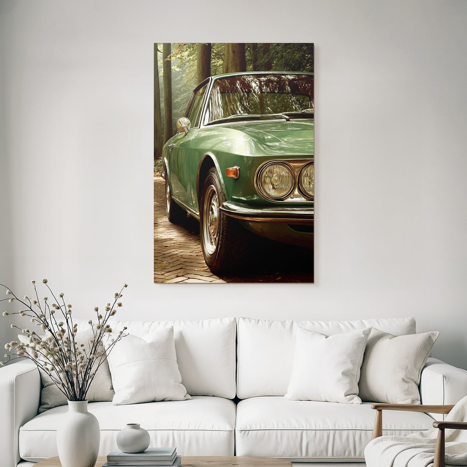Forests and Meadows Vintage Car Green Cobblestone Path Surroundings