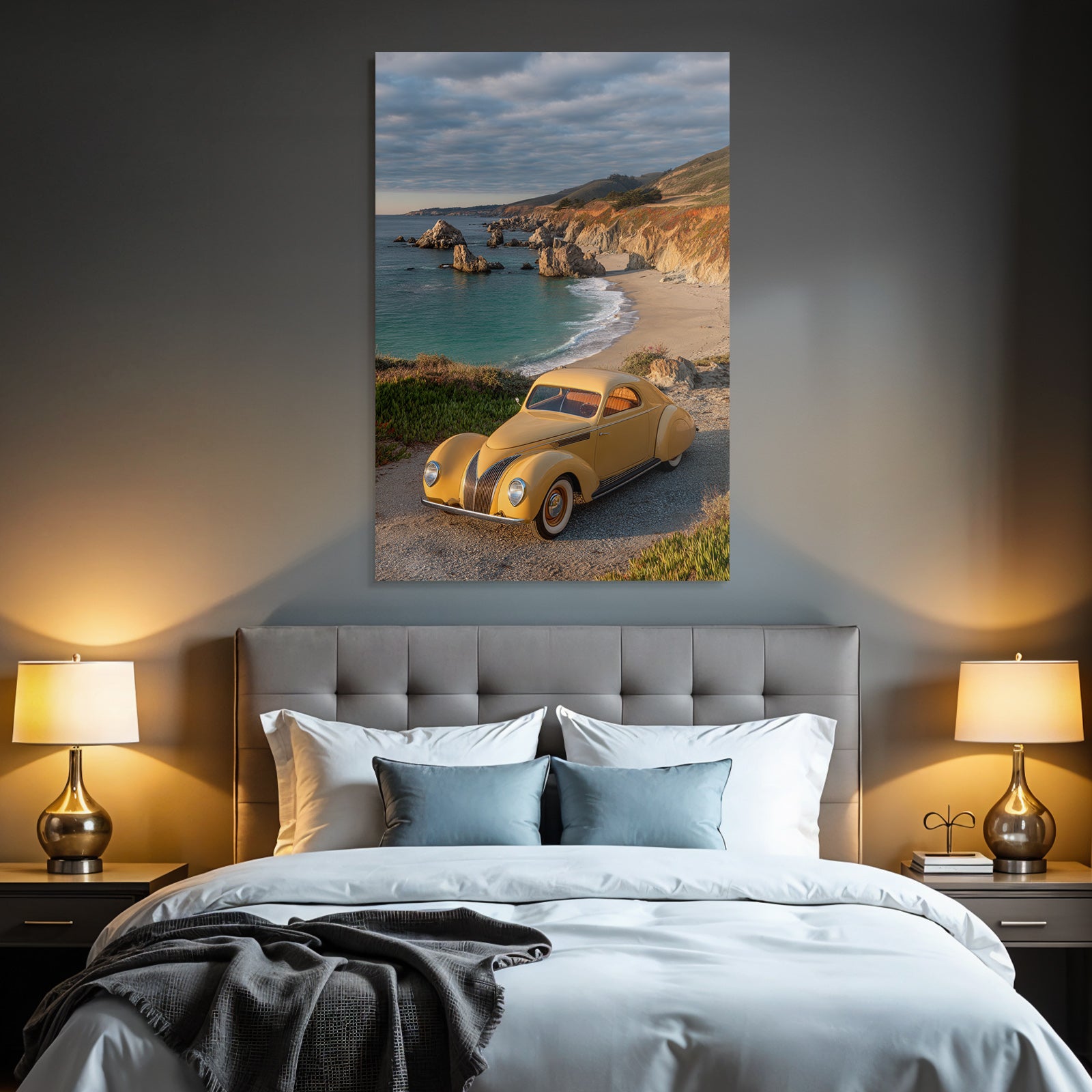 Forests and meadows vintage yellow car parking coastal landscape beach and stones