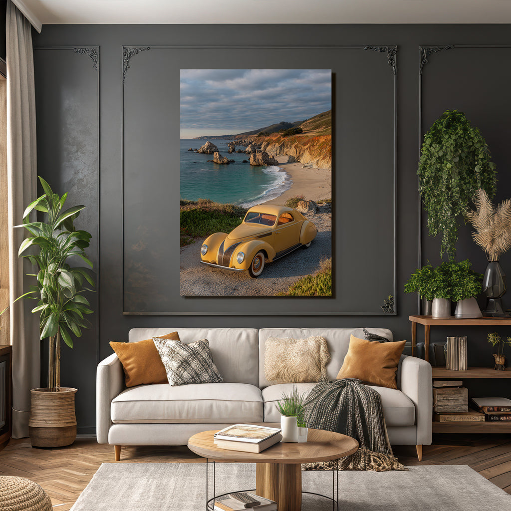 Wälder Und Wiesen Vintage Gelbe Autoparkplatz Küstenlandschaft Strand Und Steine