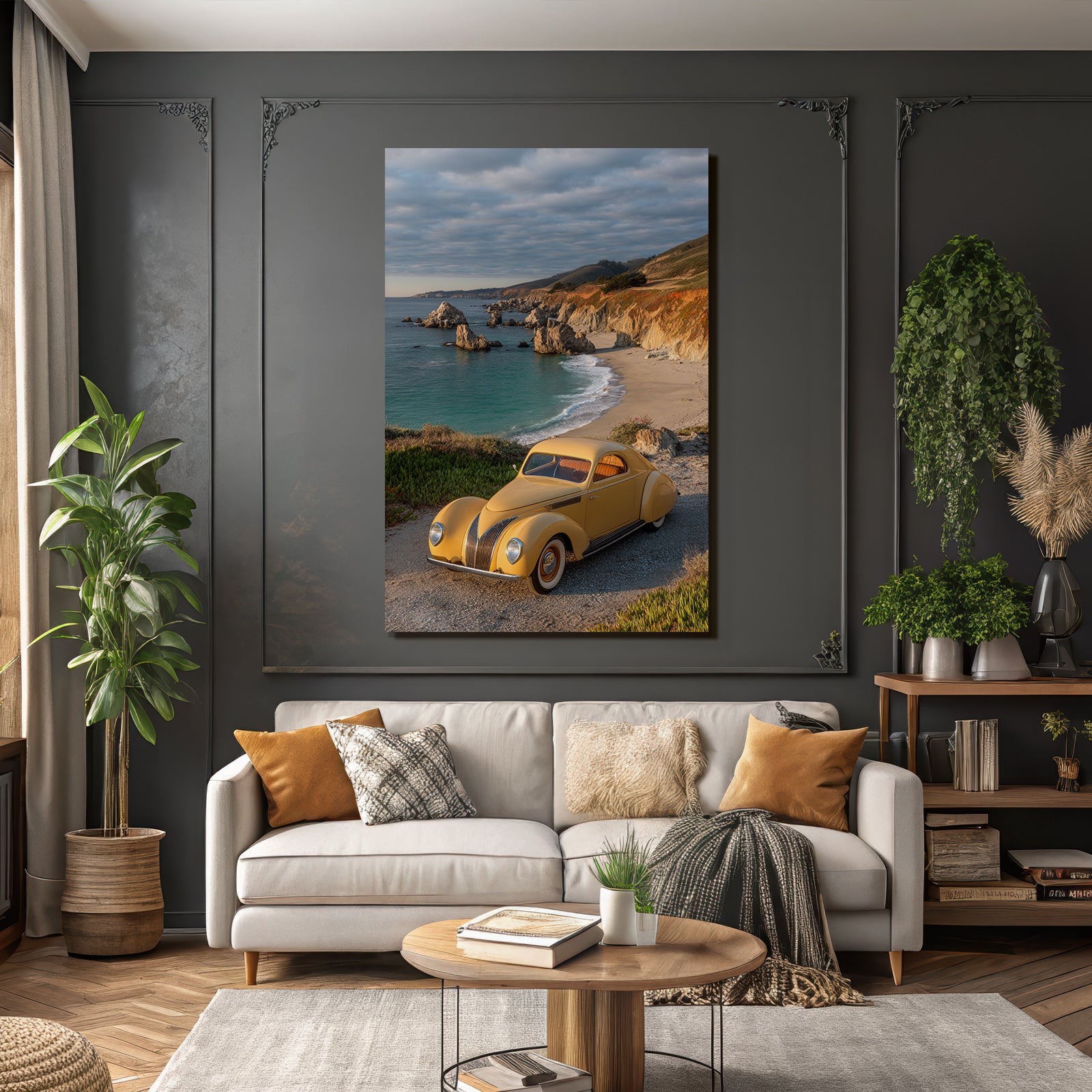 Forests and meadows vintage yellow car parking coastal landscape beach and stones