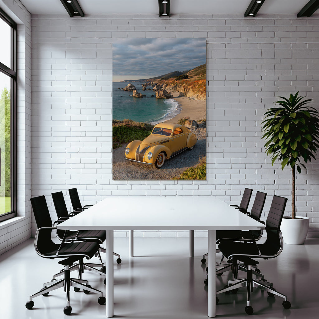 Wälder Und Wiesen Vintage Gelbe Autoparkplatz Küstenlandschaft Strand Und Steine