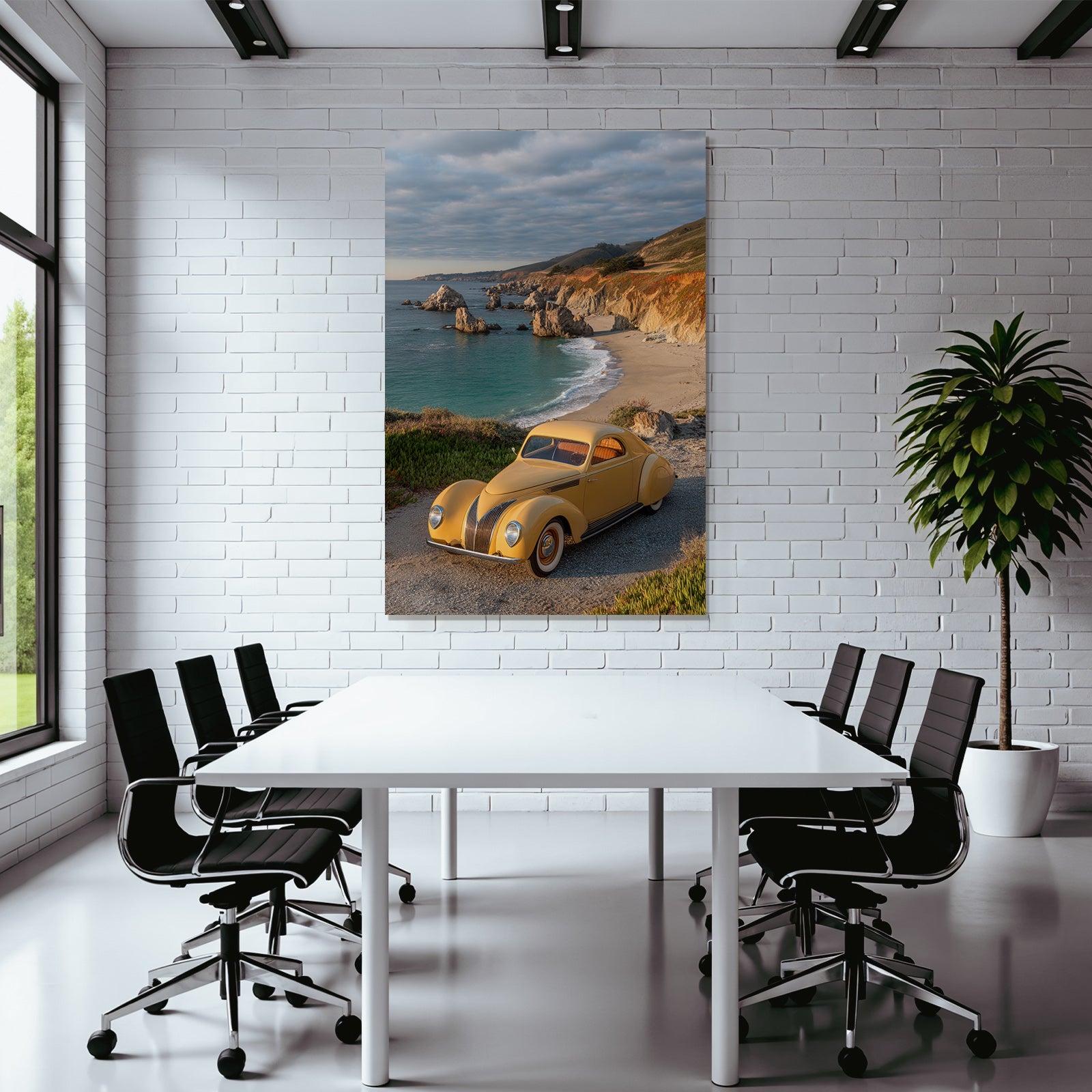 Forests and meadows vintage yellow car parking coastal landscape beach and stones