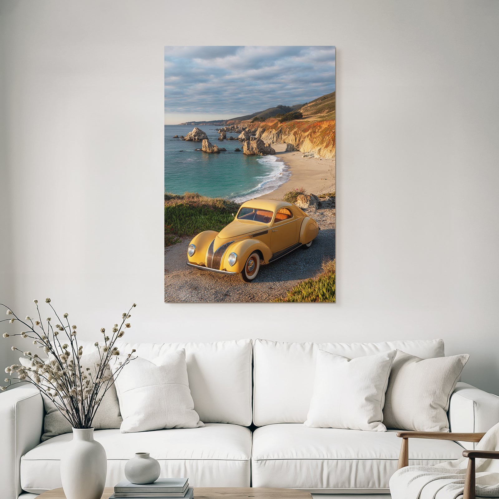 Forests and meadows vintage yellow car parking coastal landscape beach and stones