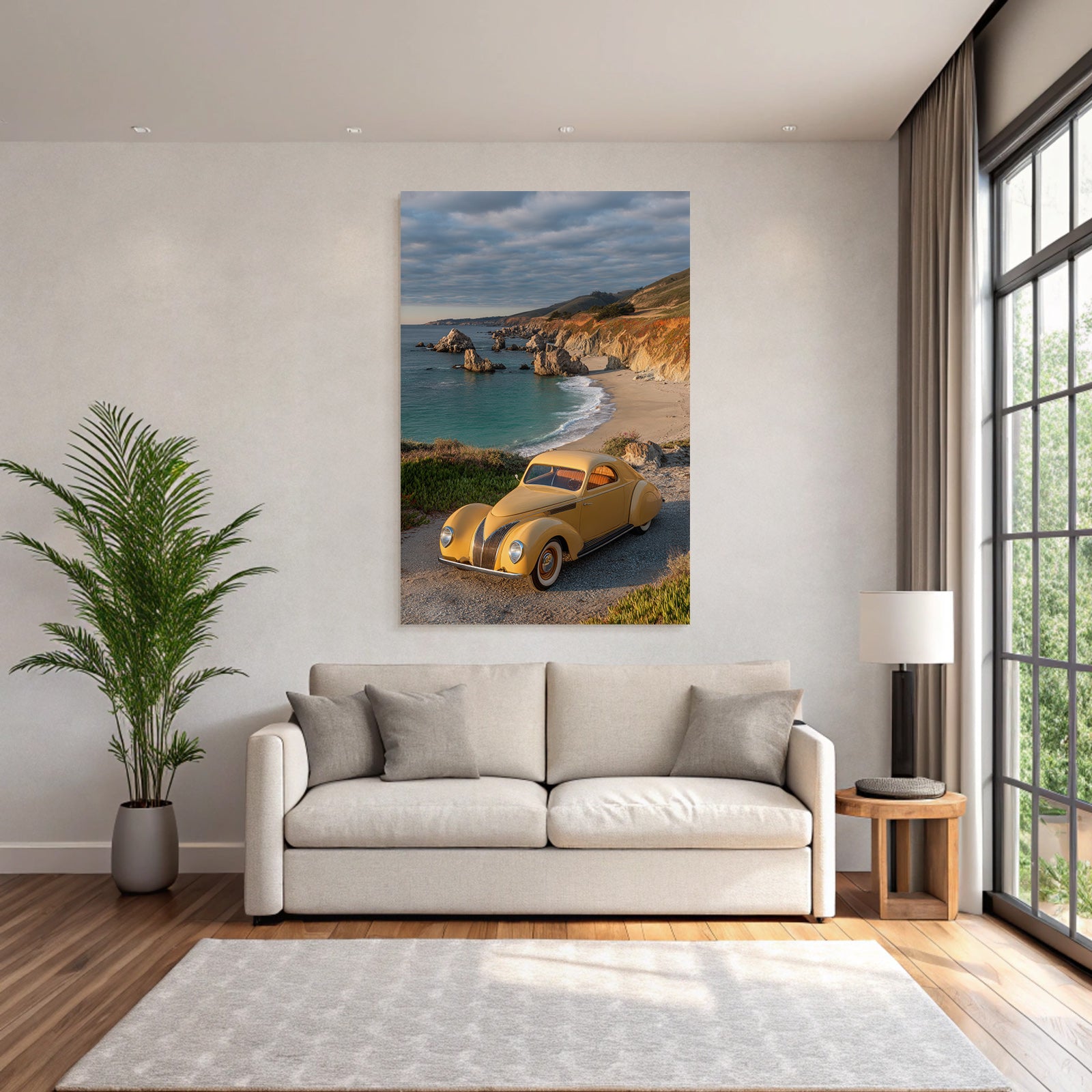 Forests and meadows vintage yellow car parking coastal landscape beach and stones