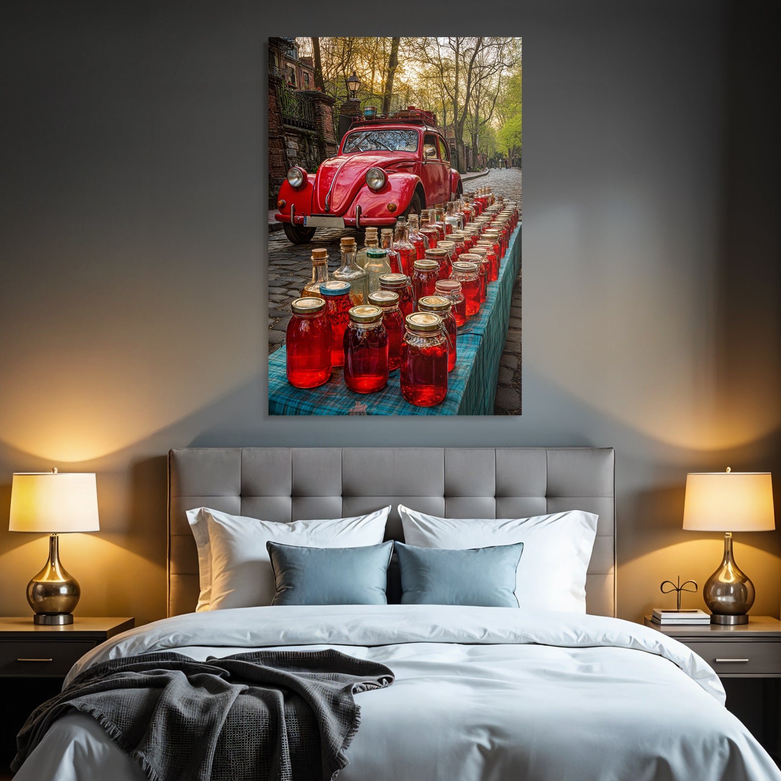 Forests and meadows Vintage red car with a table full of pickled food