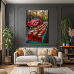 Wälder Und Wiesen Vintage Roter Auto Mit Eineren Tisch Voller Eingelegter Lebensmittel
