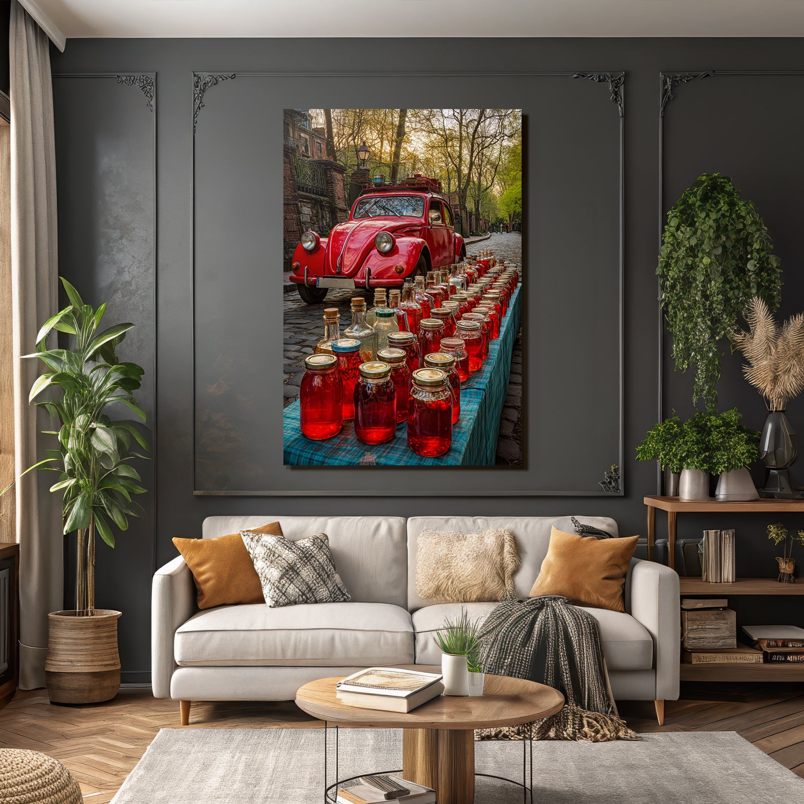 Forests and meadows Vintage red car with a table full of pickled food