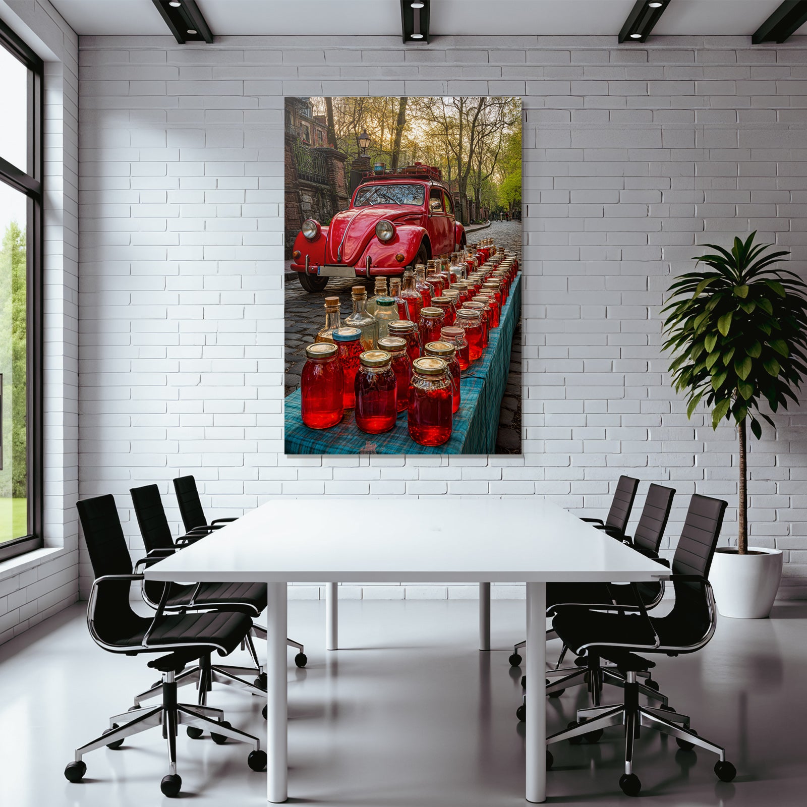 Forests and meadows Vintage red car with a table full of pickled food