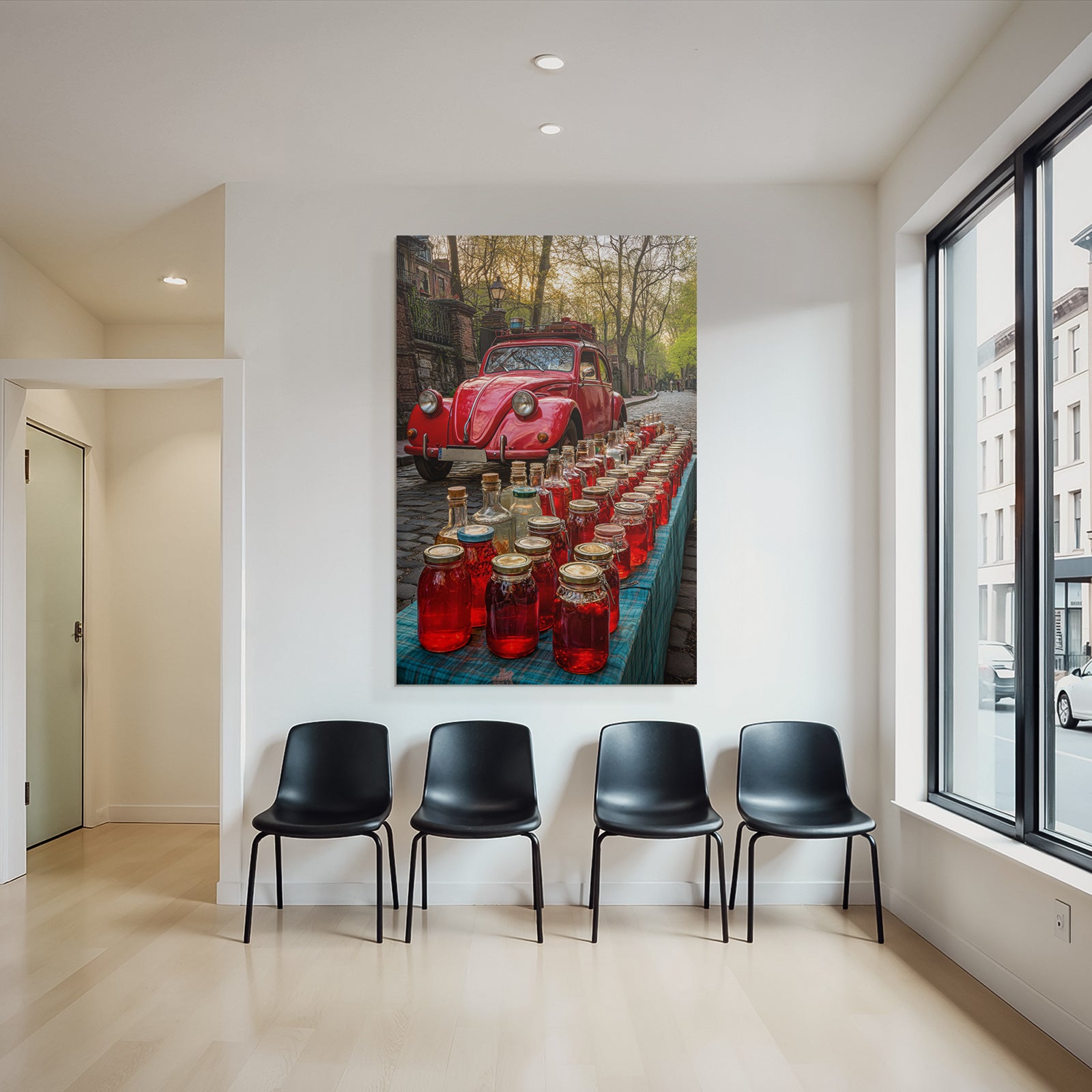 Forests and meadows Vintage red car with a table full of pickled food