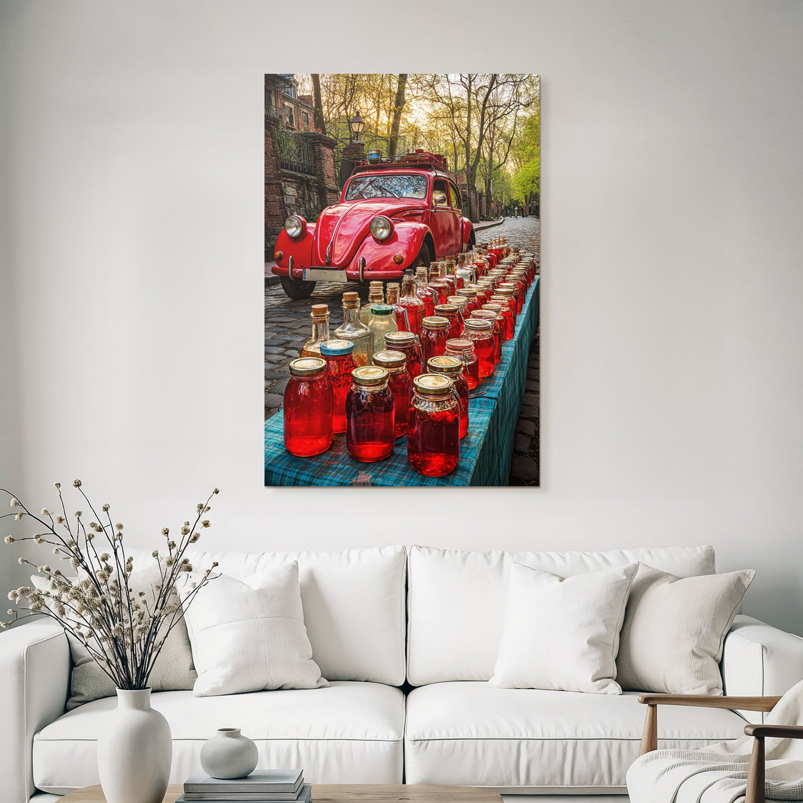 Forests and meadows Vintage red car with a table full of pickled food