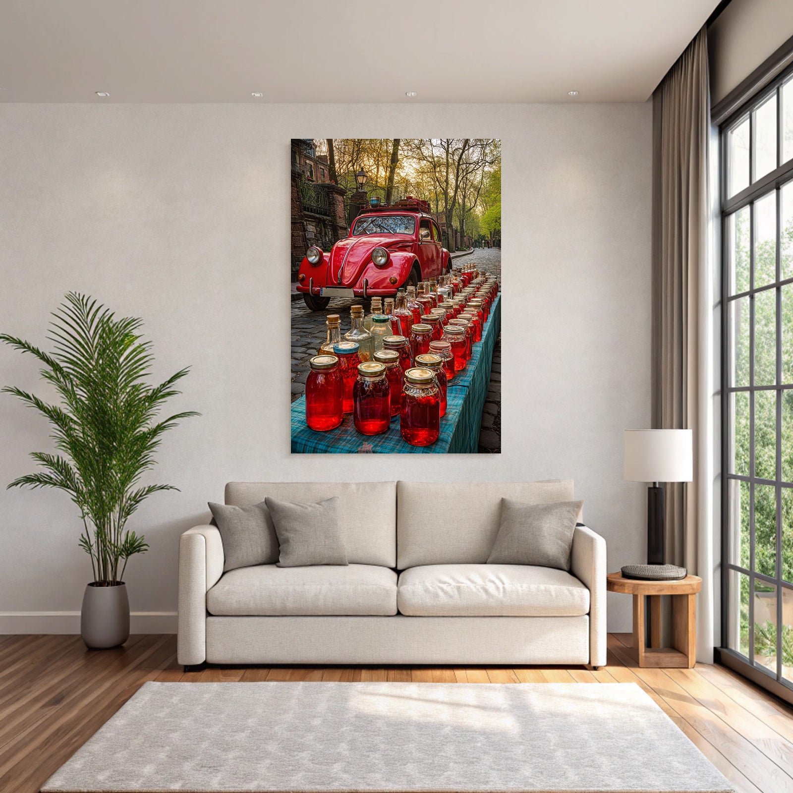 Forests and meadows Vintage red car with a table full of pickled food