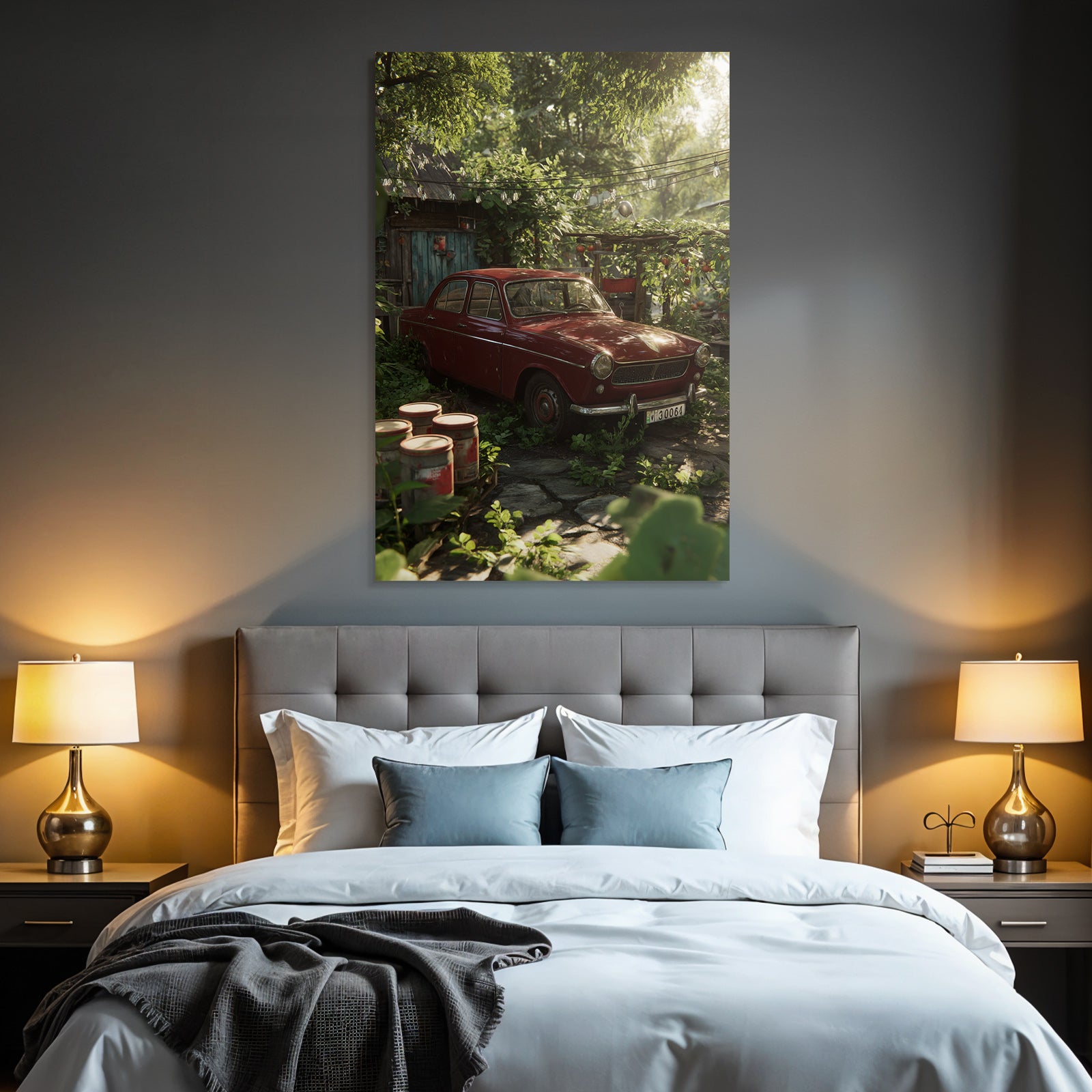 Forests and meadows. Vintage red car surrounded by green plants in rustic garden.