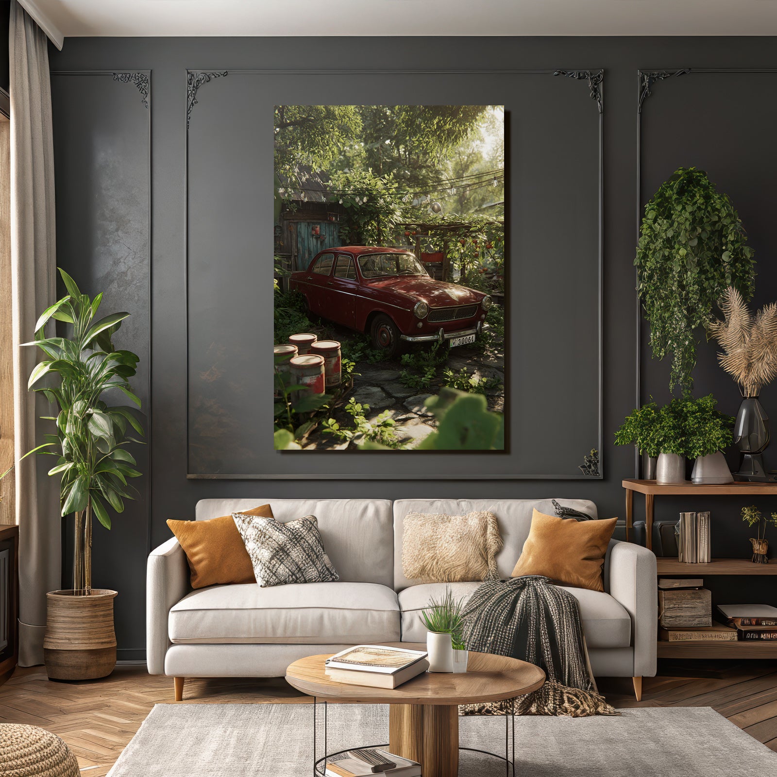 Forests and meadows. Vintage red car surrounded by green plants in rustic garden.