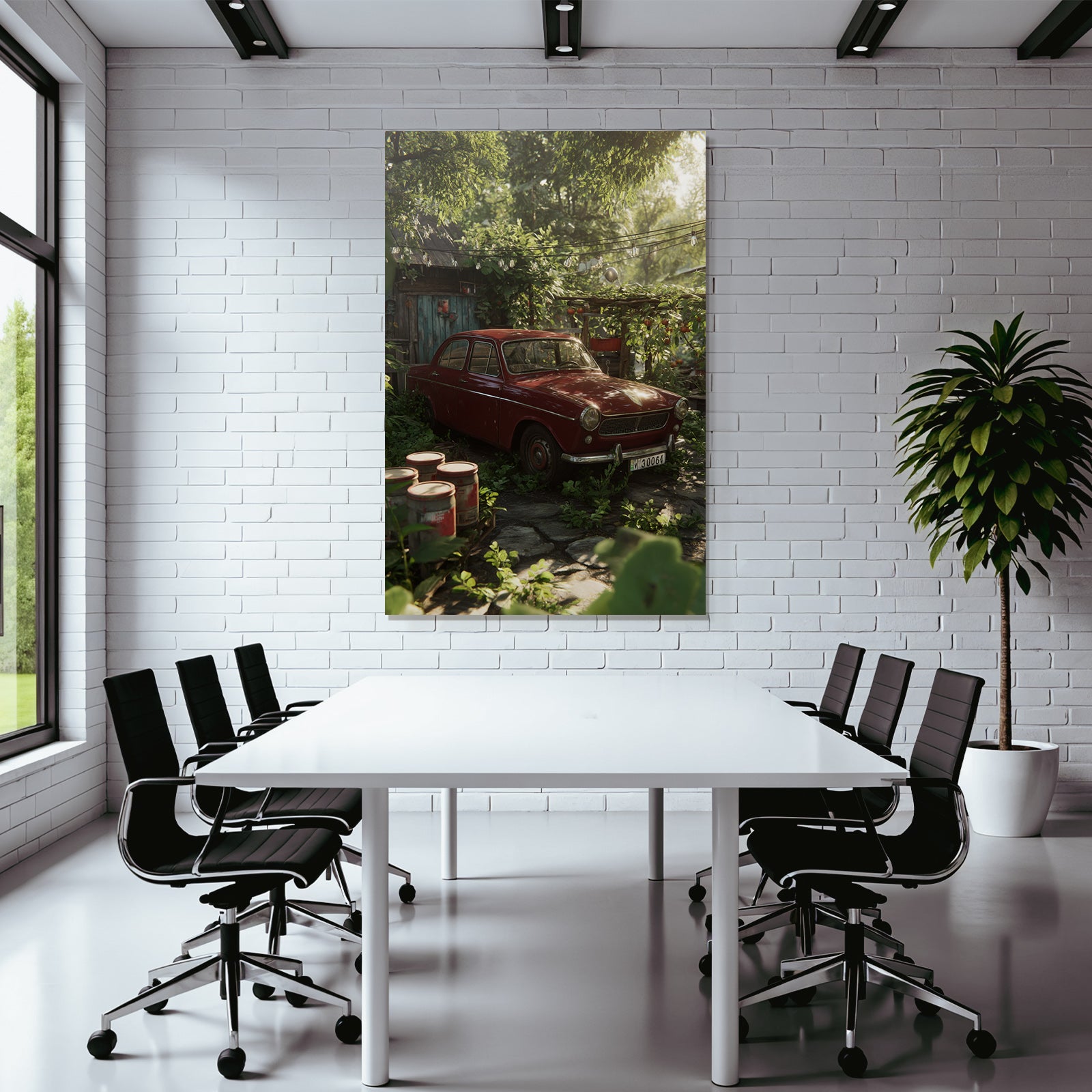 Forests and meadows. Vintage red car surrounded by green plants in rustic garden.