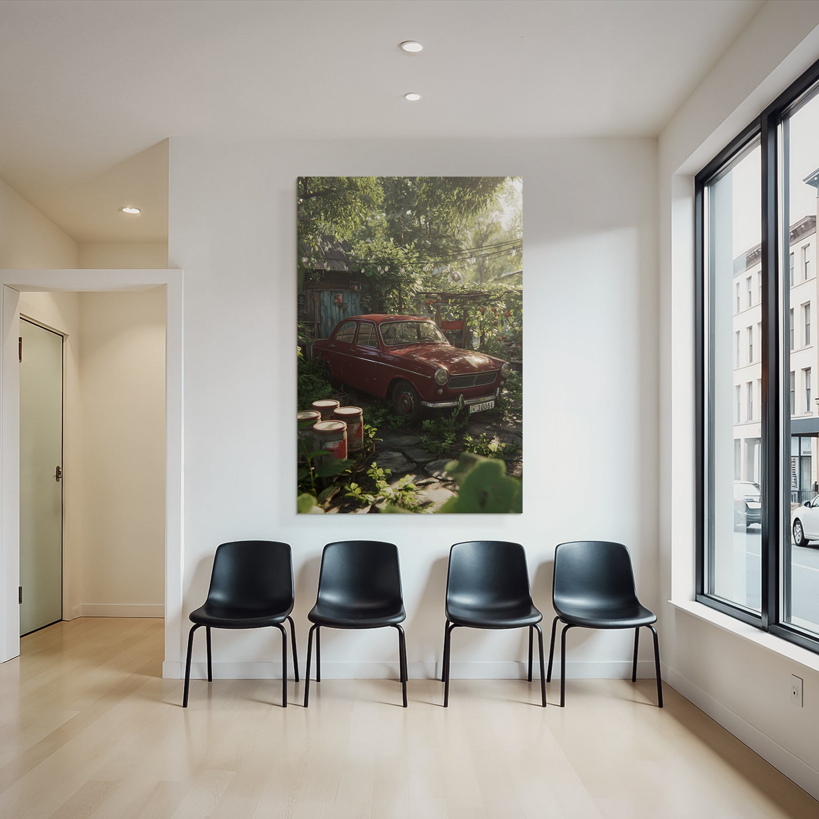 Forests and meadows. Vintage red car surrounded by green plants in rustic garden.