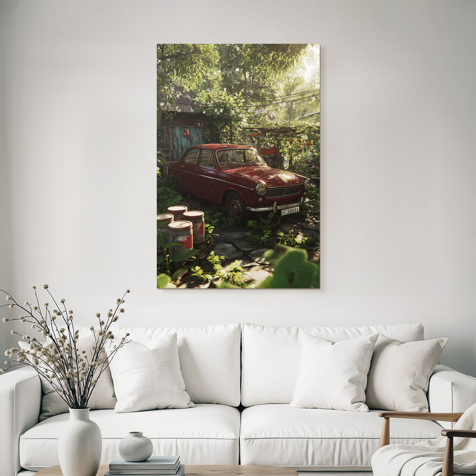 Forests and meadows. Vintage red car surrounded by green plants in rustic garden.