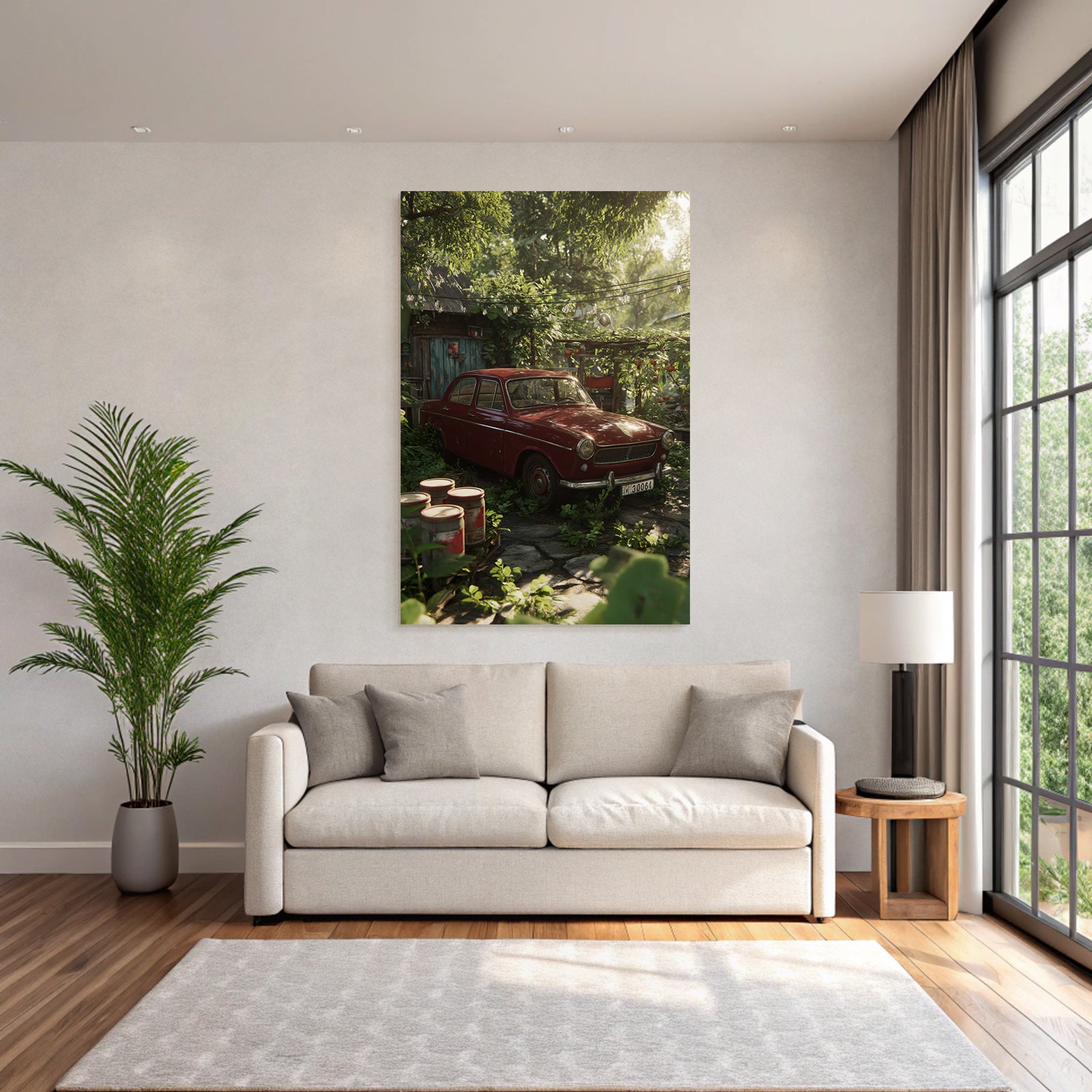 Forests and meadows. Vintage red car surrounded by green plants in rustic garden.