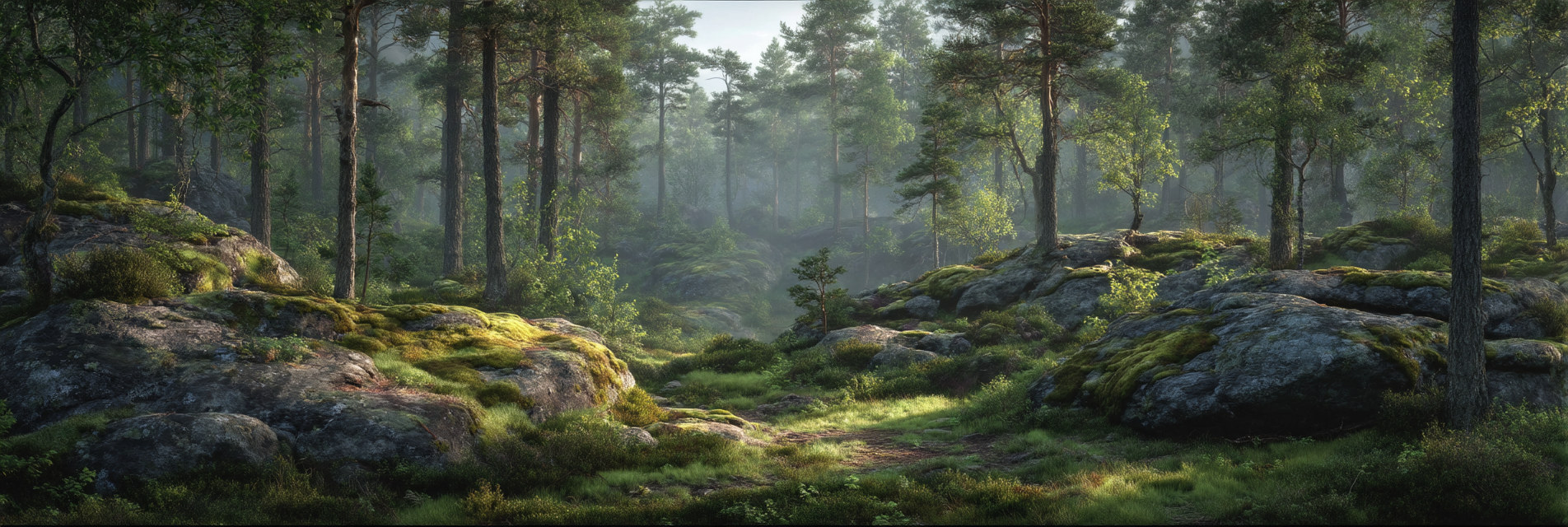 Wälder Und Wiesen Friedlicher Waldlandschaft Mit Bäumen Und Moosbedeckten Felsen | Waelder und Wiesen | Landschaften