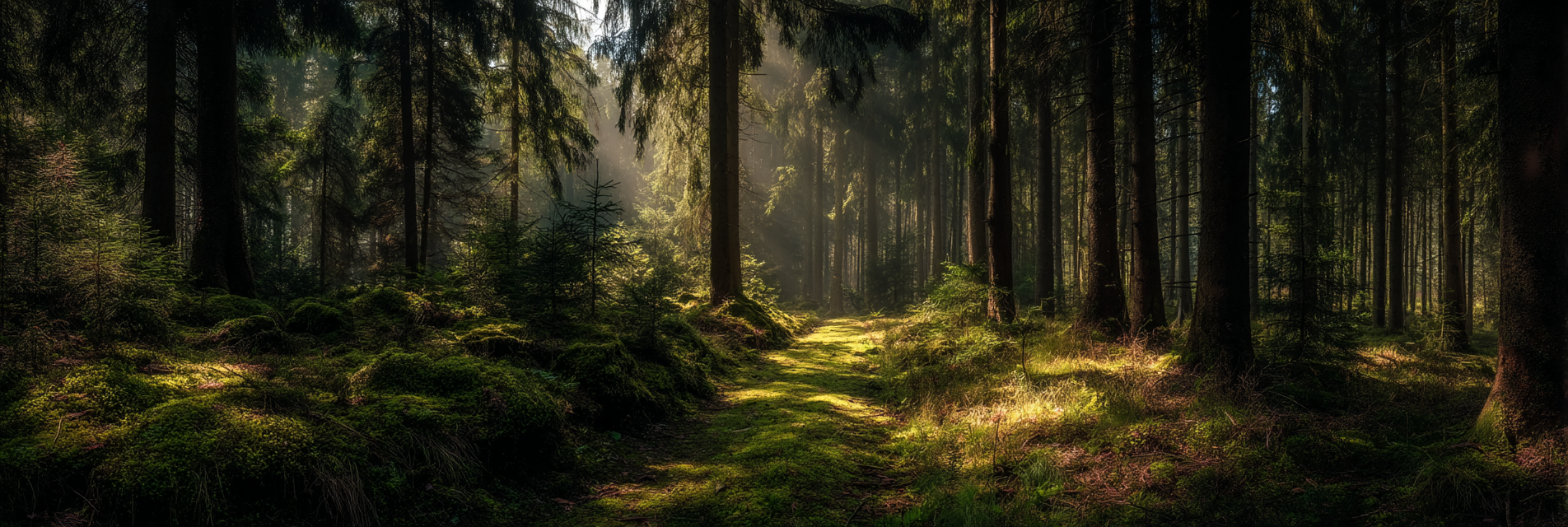 Wälder Und Wiesen Ruhiger Waldlandschaft Mit Moosigem Weg Beleuchtet Durch Sonnenlicht | Waelder und Wiesen | Landschaften