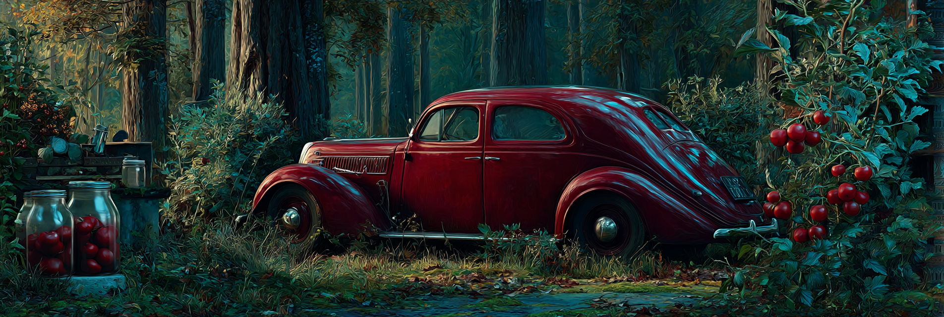 Wälder Und Wiesen Vintage Rotes Auto Im Wald Mit Naturlich Licht Und Schatten | Waelder und Wiesen | Landschaften