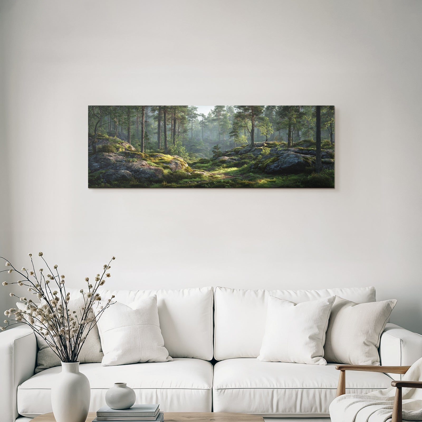 Forests and meadows Peaceful forest landscape with trees and moss-covered rocks