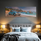 Forests and meadows. Classic car on the beach with coastal landscape.