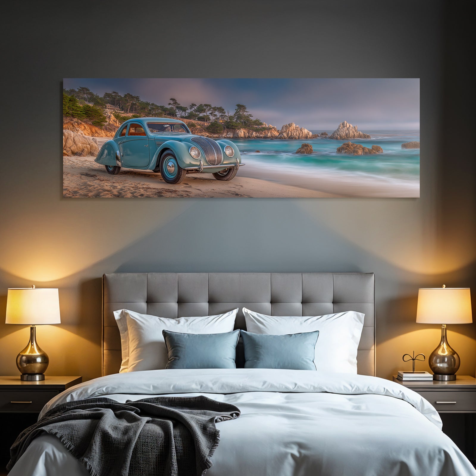 Forests and meadows. Classic car on the beach with coastal landscape.