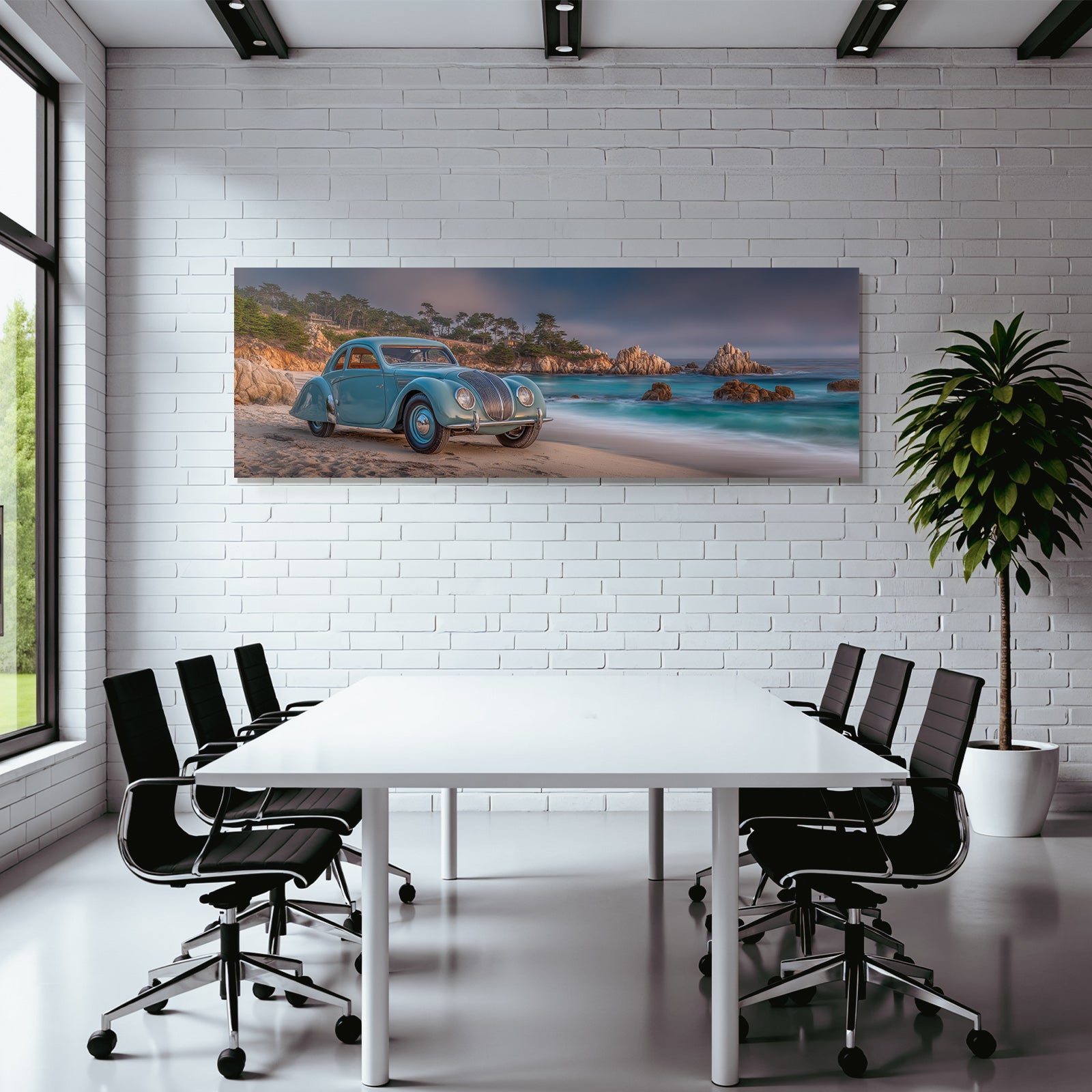 Forests and meadows. Classic car on the beach with coastal landscape.