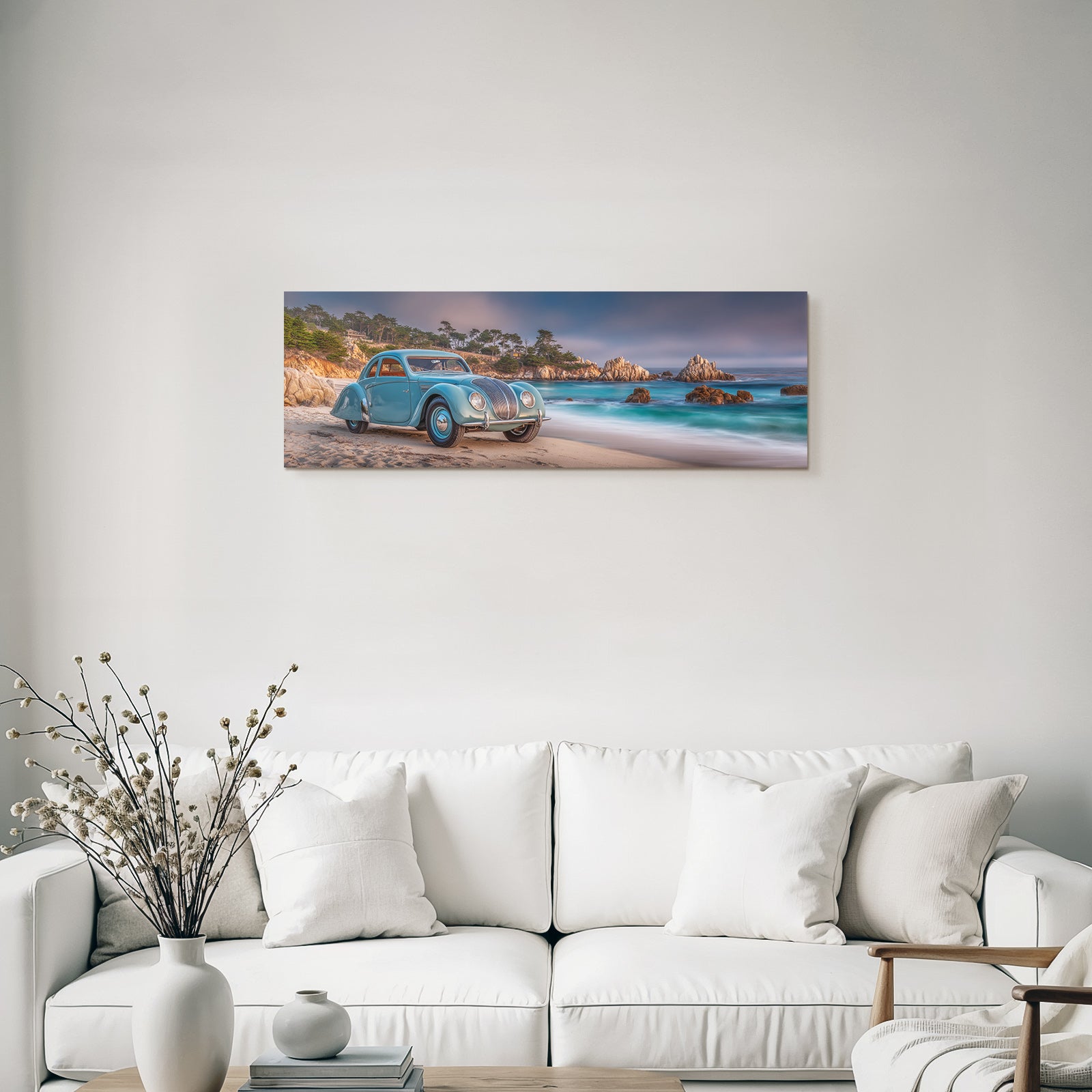 Forests and meadows. Classic car on the beach with coastal landscape.