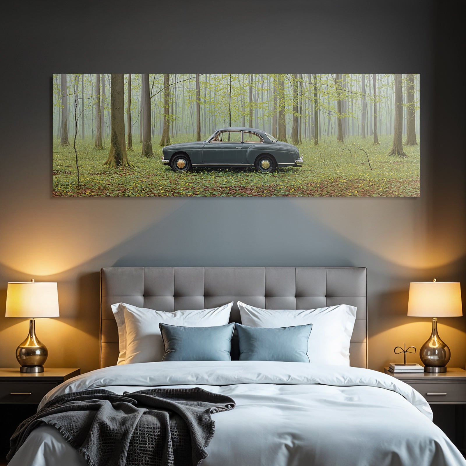 Forests and meadows Classic car in quiet forest with fog