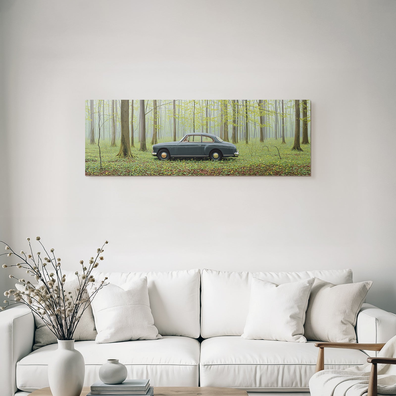 Forests and meadows Classic car in quiet forest with fog