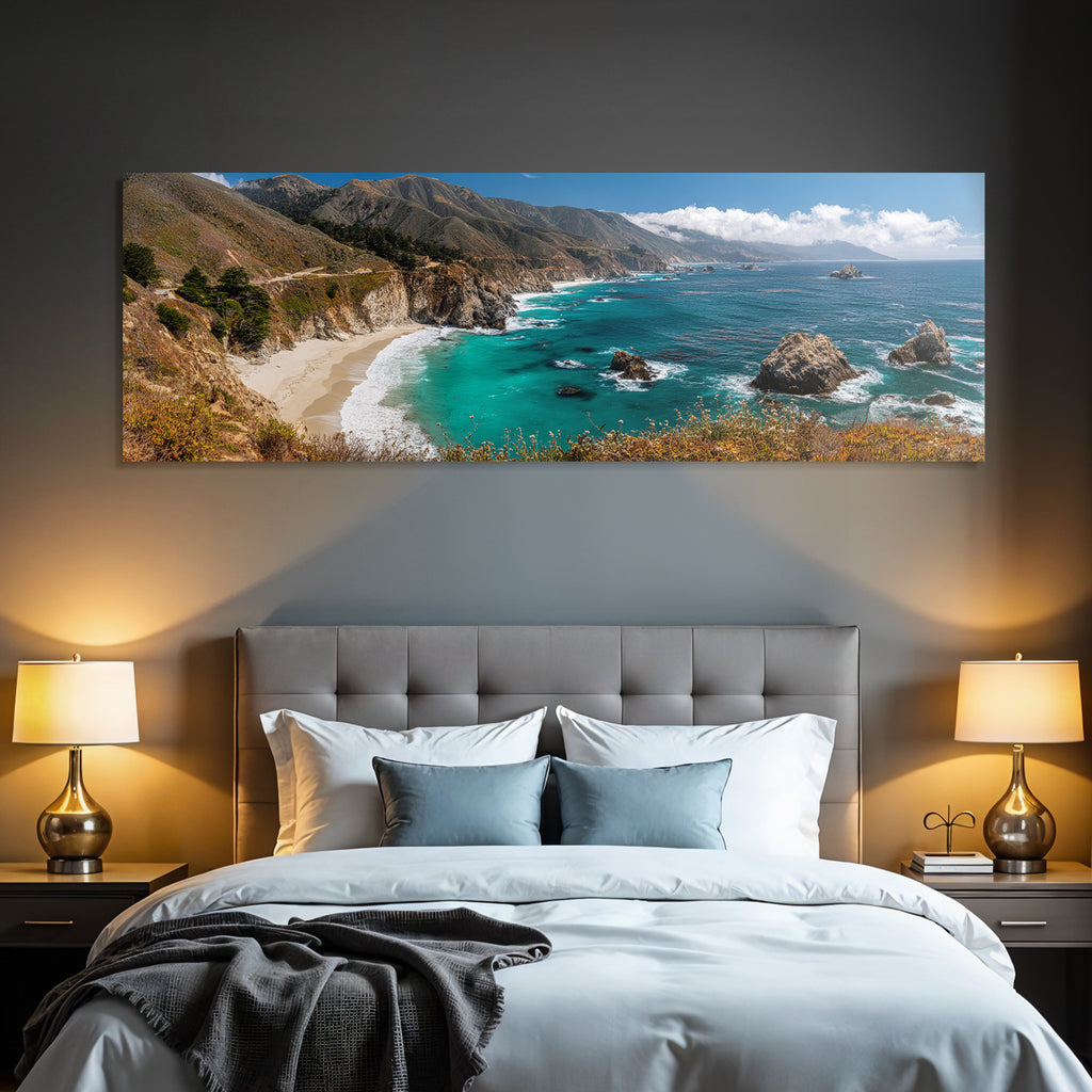 Forests and meadows cliff scene with sandy beach and ocean