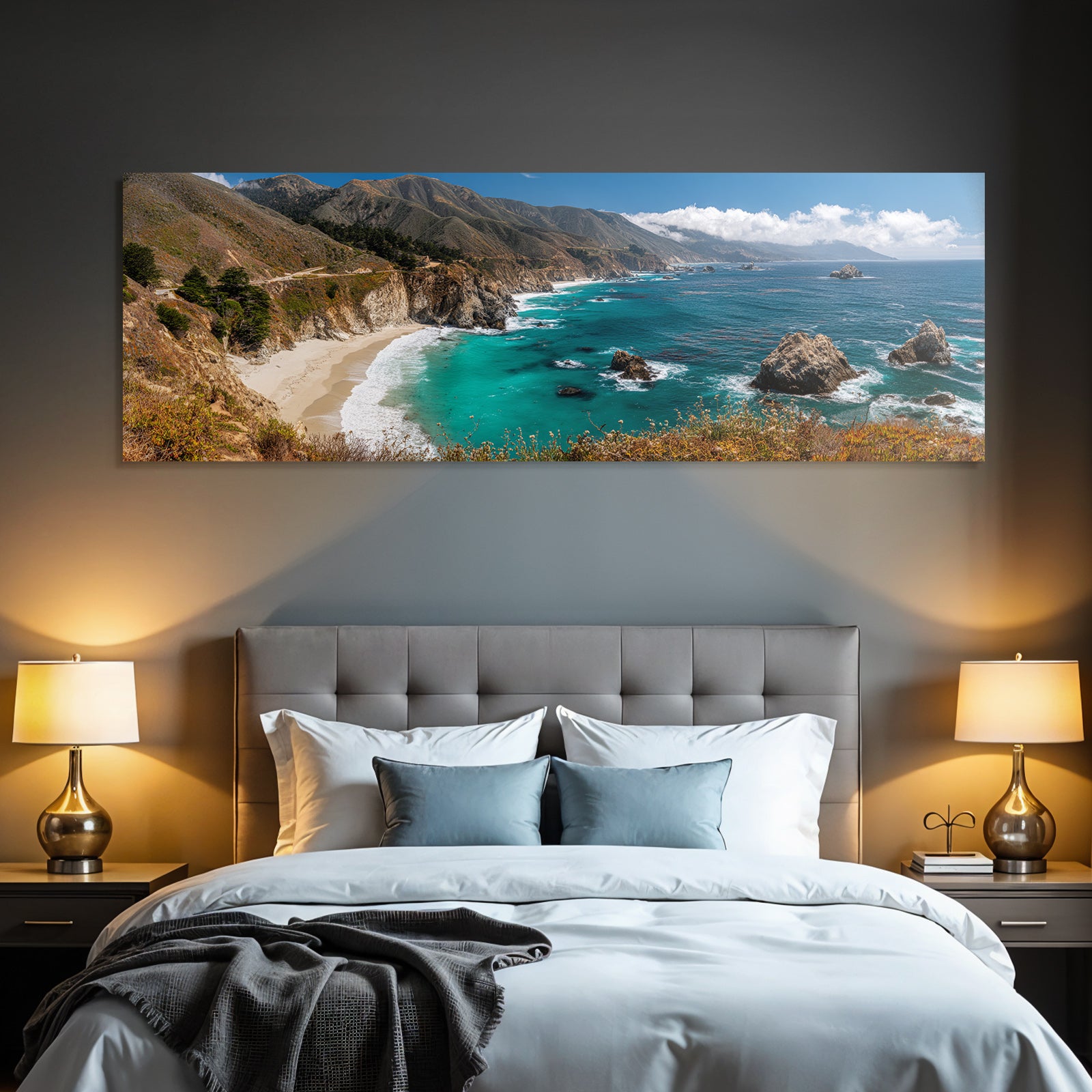 Forests and meadows cliff scene with sandy beach and ocean