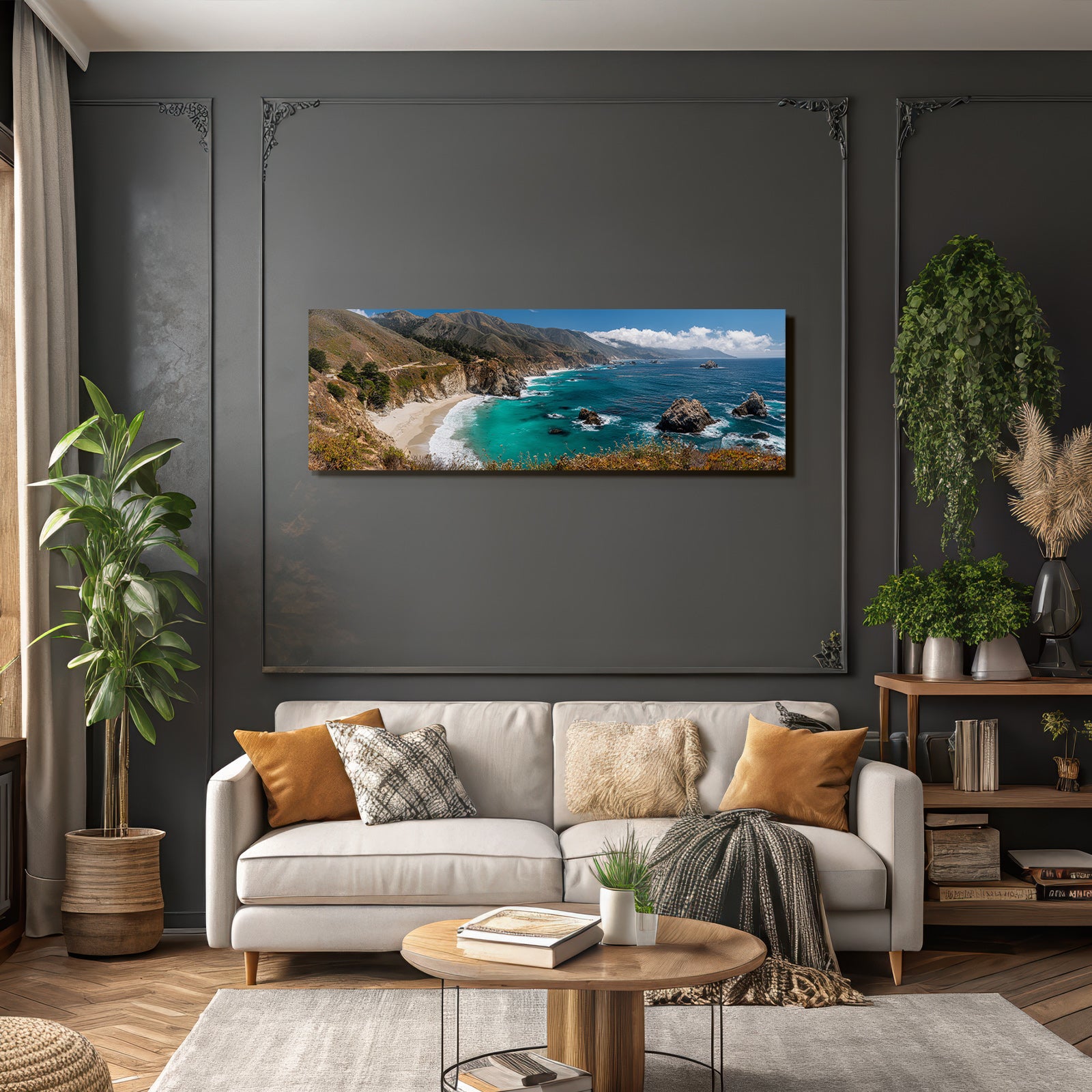 Forests and meadows cliff scene with sandy beach and ocean