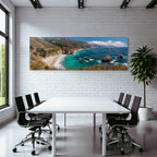 Forests and meadows cliff scene with sandy beach and ocean