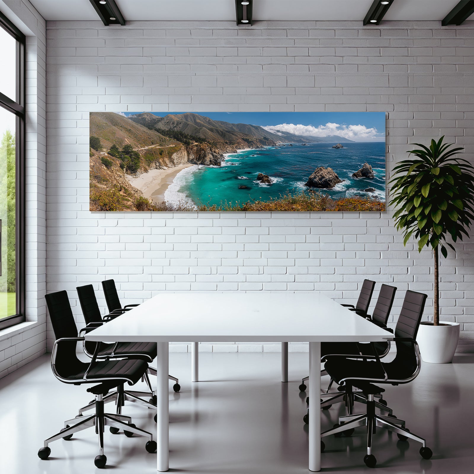 Forests and meadows cliff scene with sandy beach and ocean