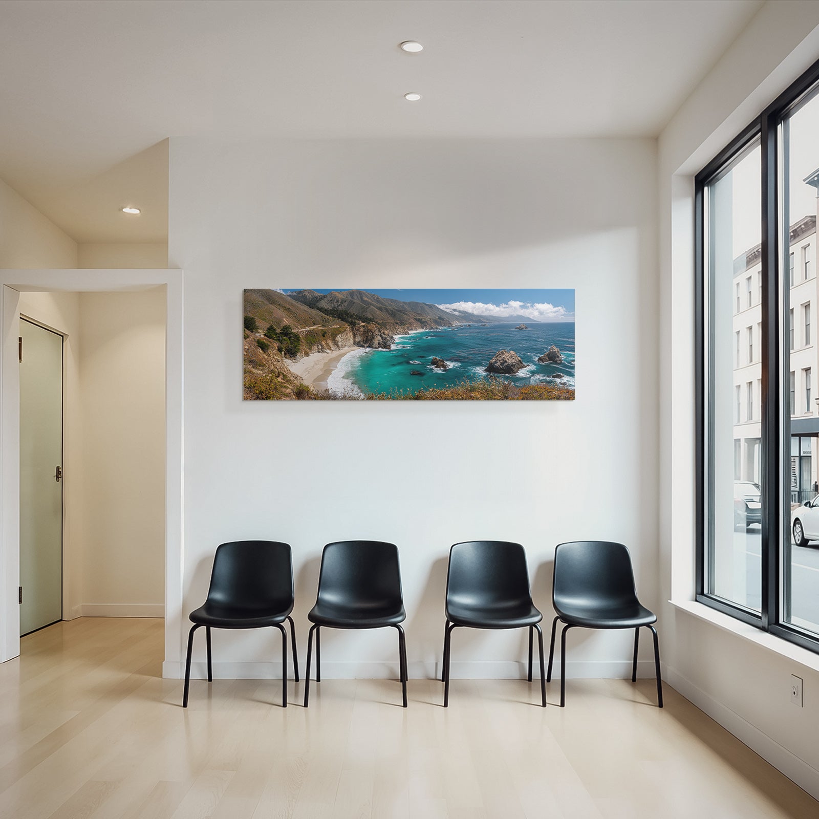 Forests and meadows cliff scene with sandy beach and ocean