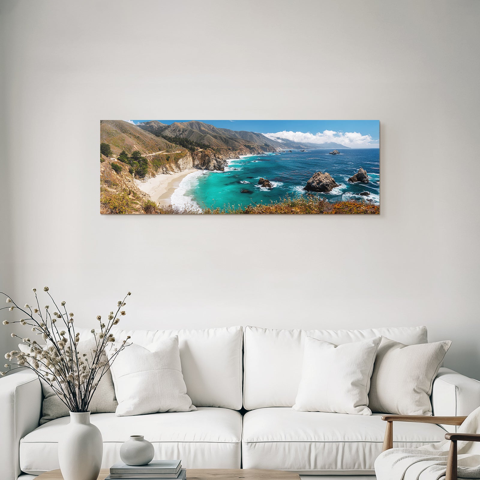 Forests and meadows cliff scene with sandy beach and ocean