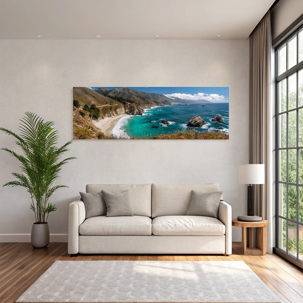 Forests and meadows cliff scene with sandy beach and ocean