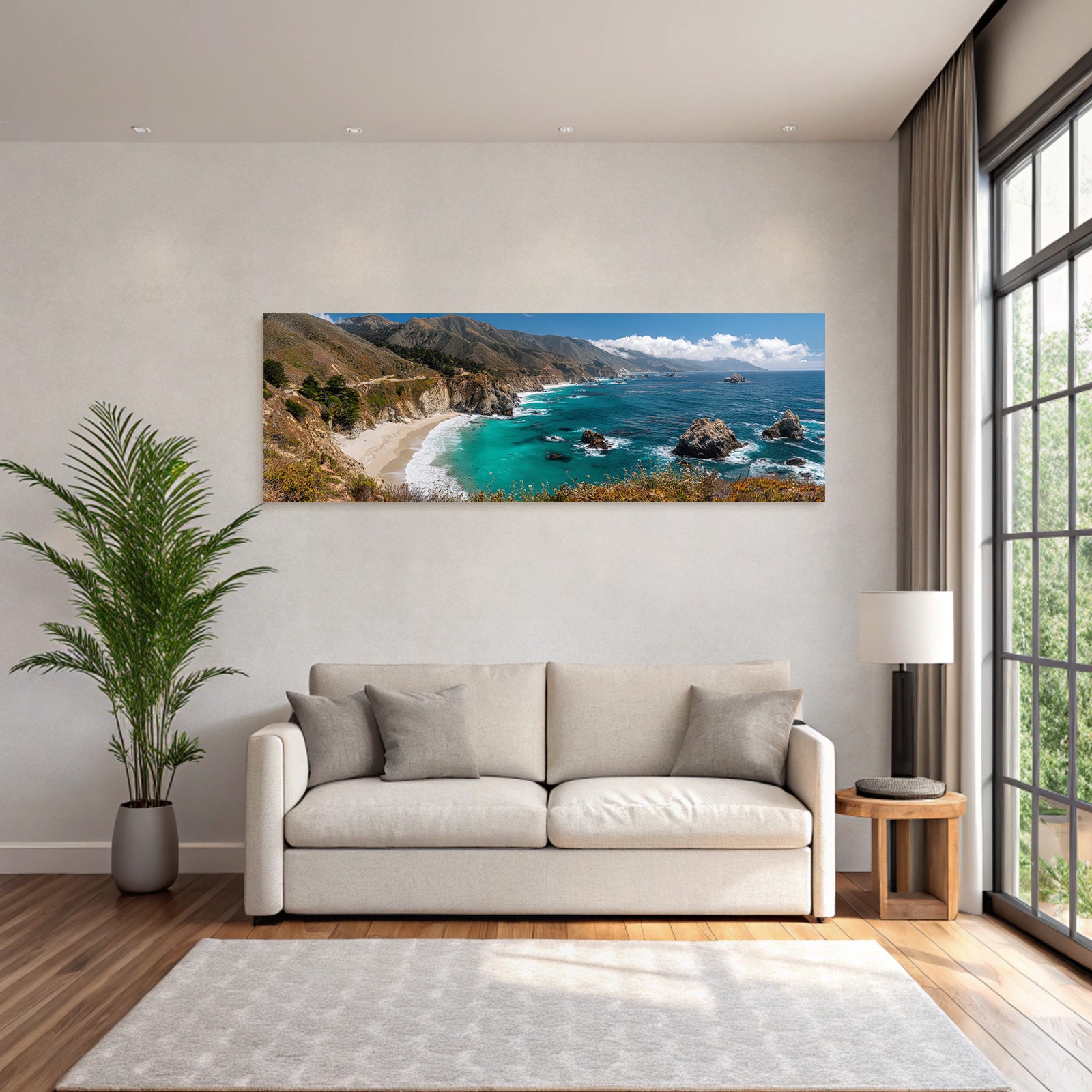 Forests and meadows cliff scene with sandy beach and ocean