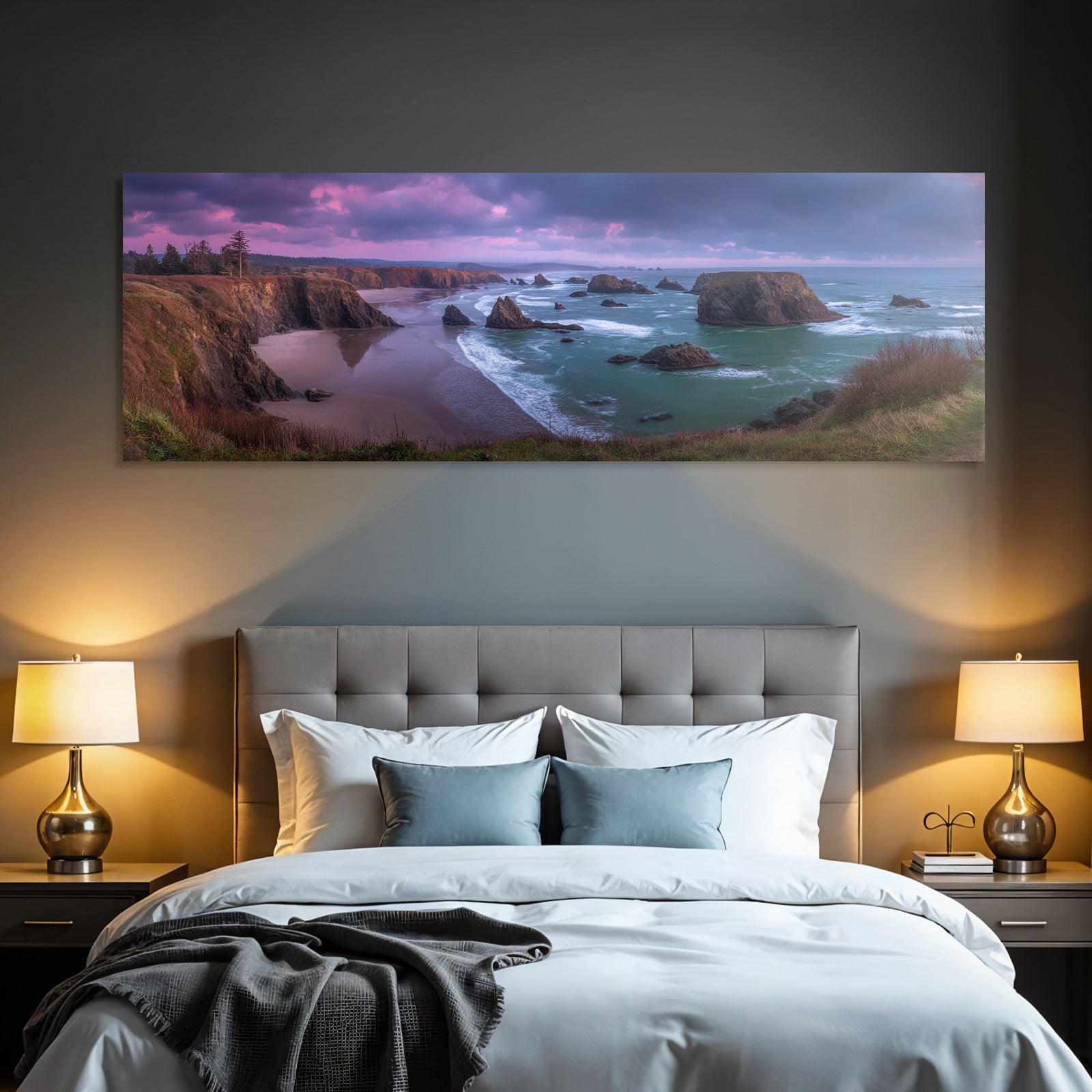 Forests and meadows, coastal landscape, panoramic view with rocks, sandy beach and cliffs
