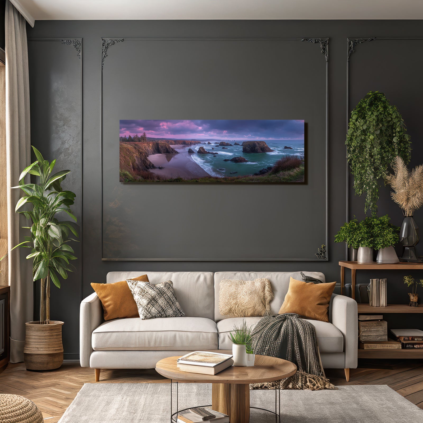 Forests and meadows, coastal landscape, panoramic view with rocks, sandy beach and cliffs