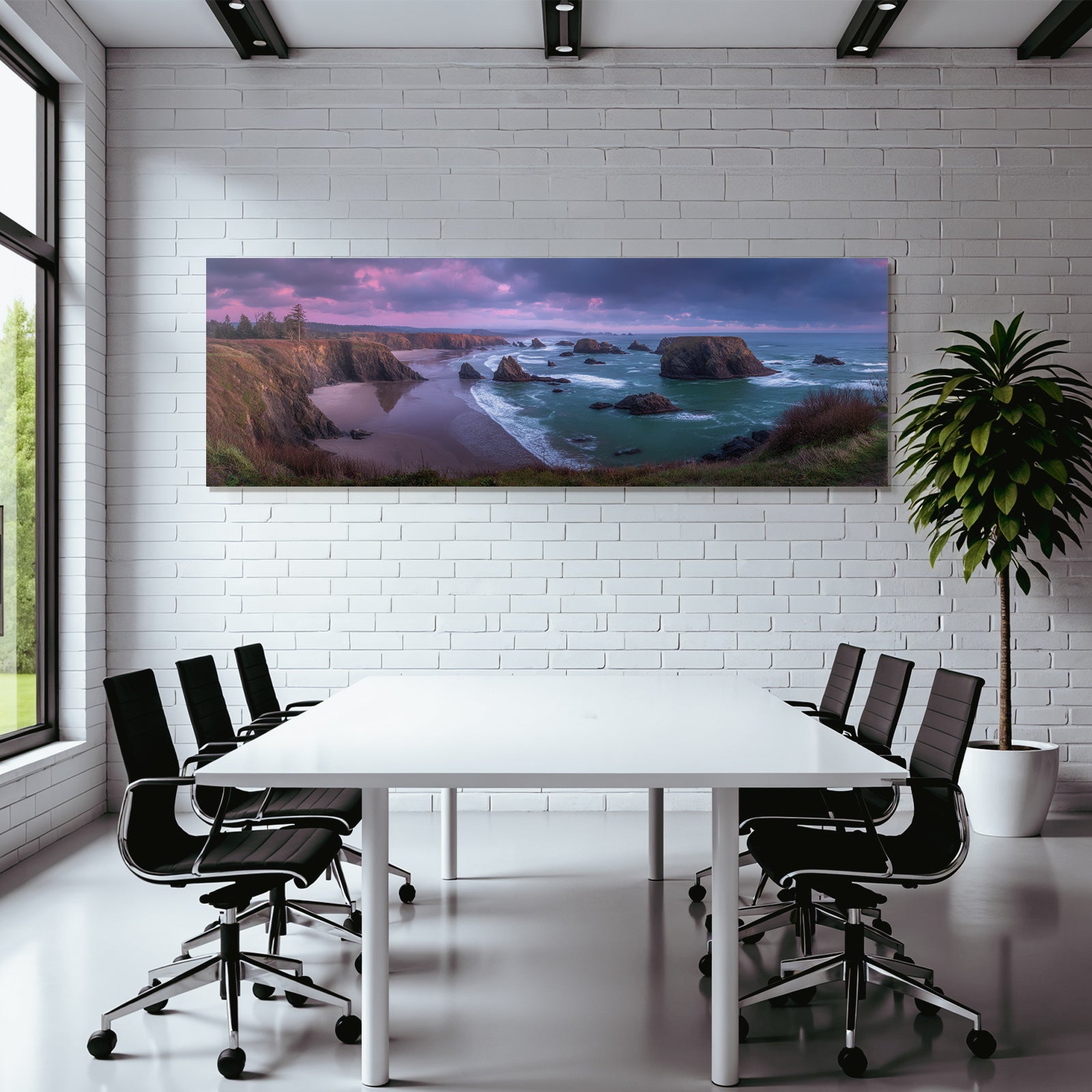 Forests and meadows, coastal landscape, panoramic view with rocks, sandy beach and cliffs