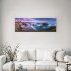 Forests and meadows, coastal landscape, panoramic view with rocks, sandy beach and cliffs