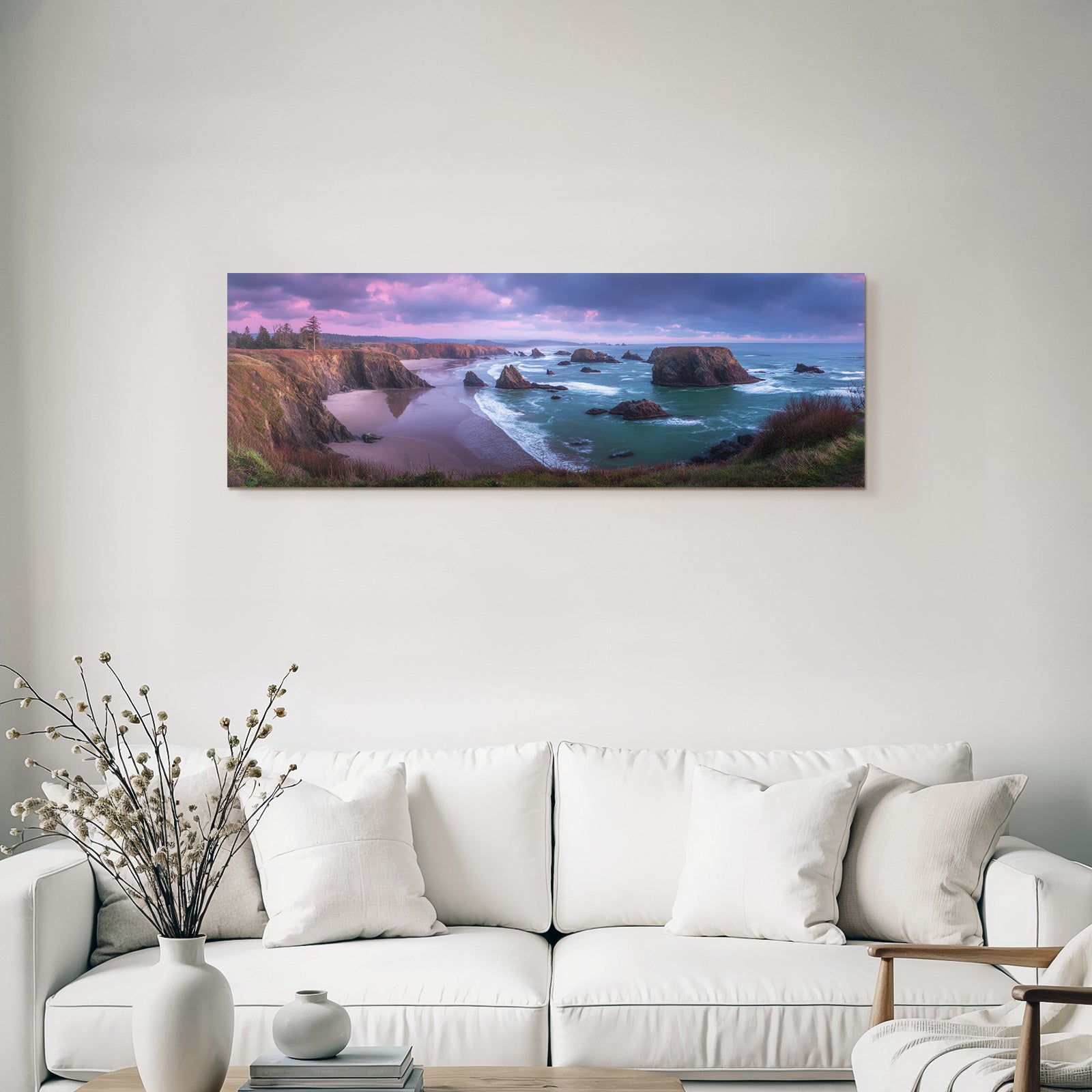 Forests and meadows, coastal landscape, panoramic view with rocks, sandy beach and cliffs